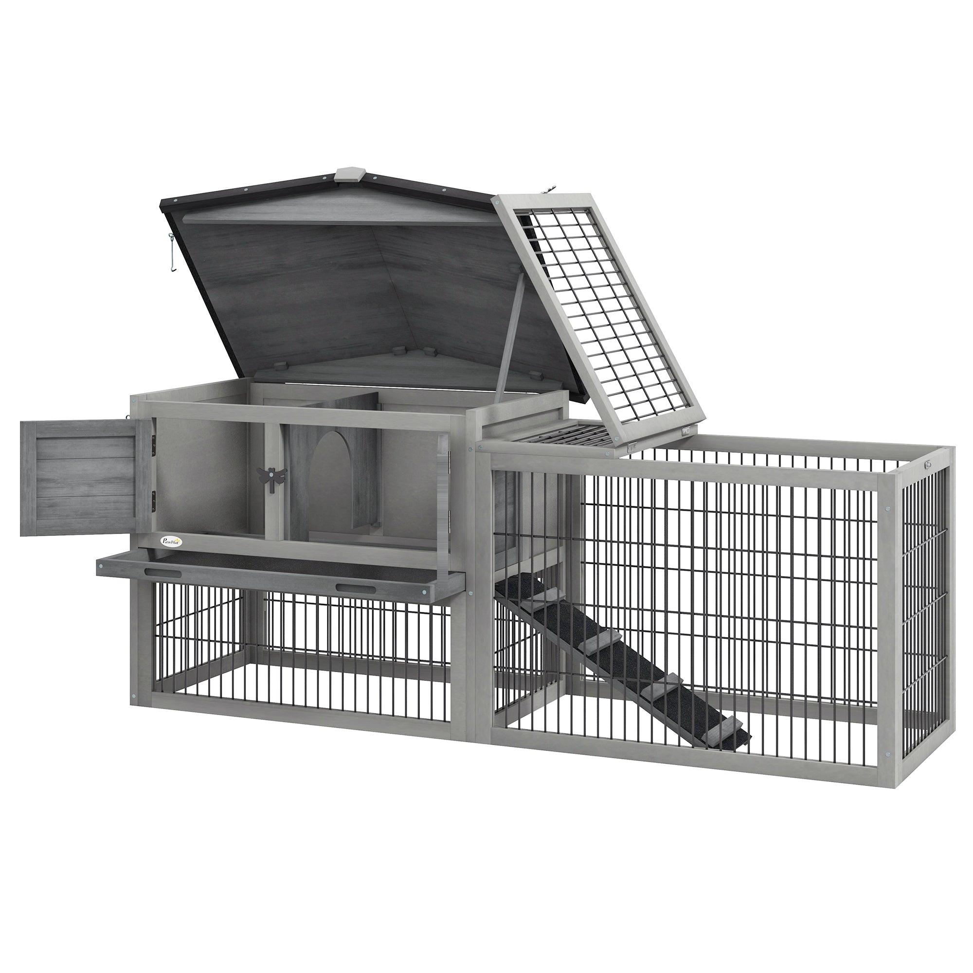 Wooden Rabbit Hutch with Outdoor Run - Grey