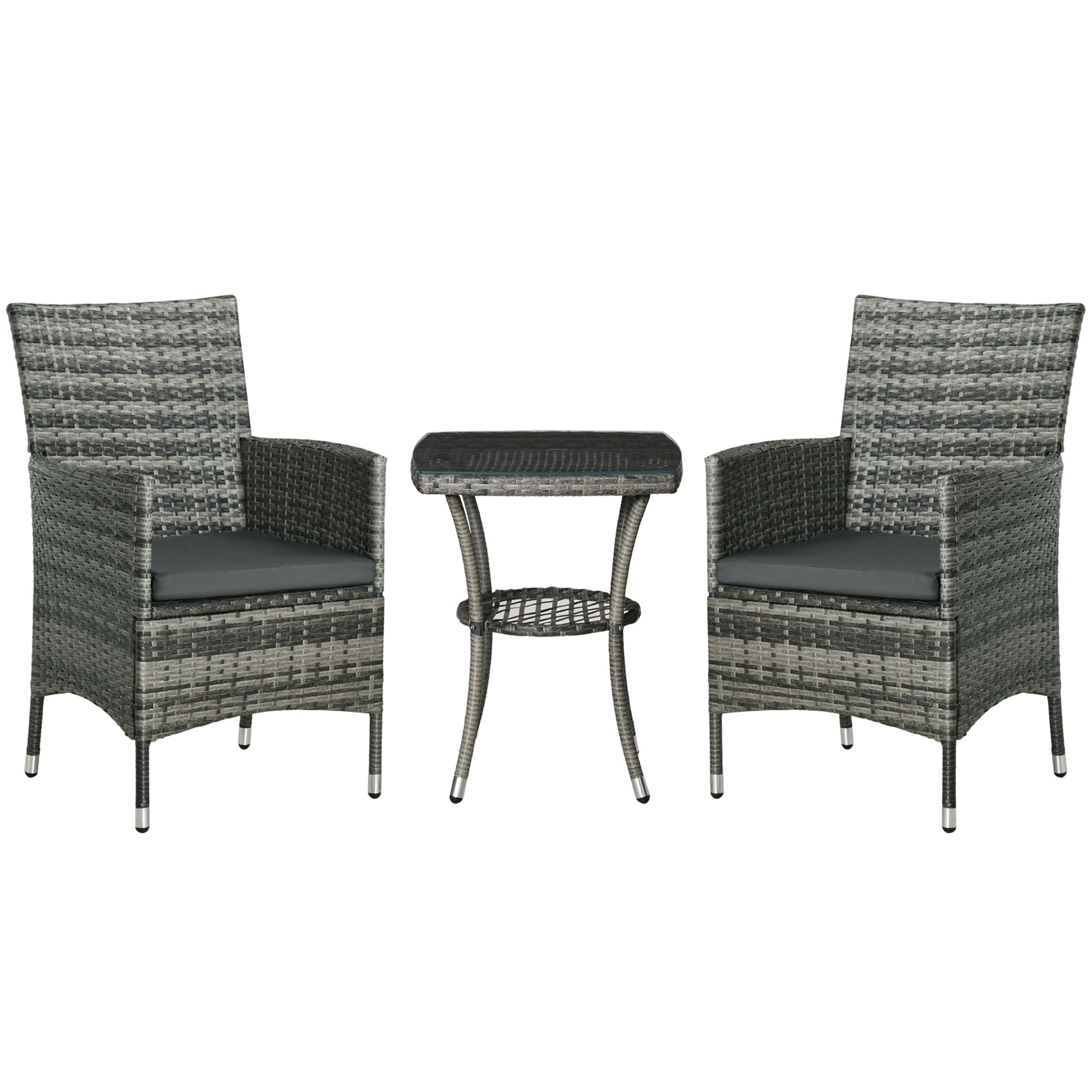 3 Piece Rattan Garden Bistro Set with Cushions - Light Grey
