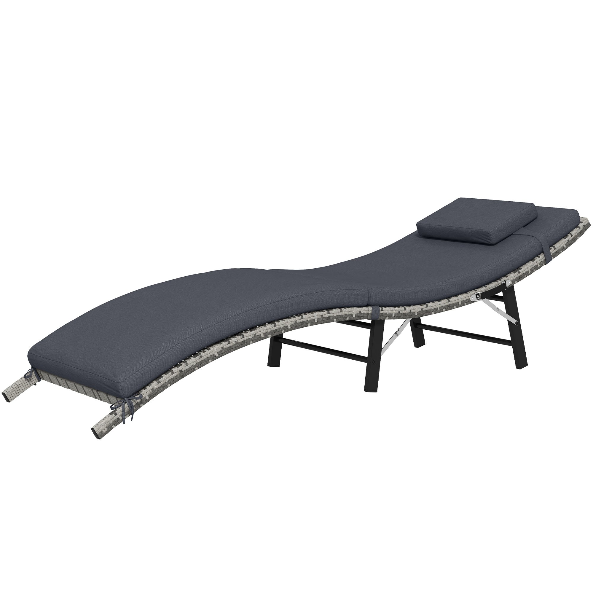Rattan Folding Sun Lounger with Padded Cushion and Pillow Grey