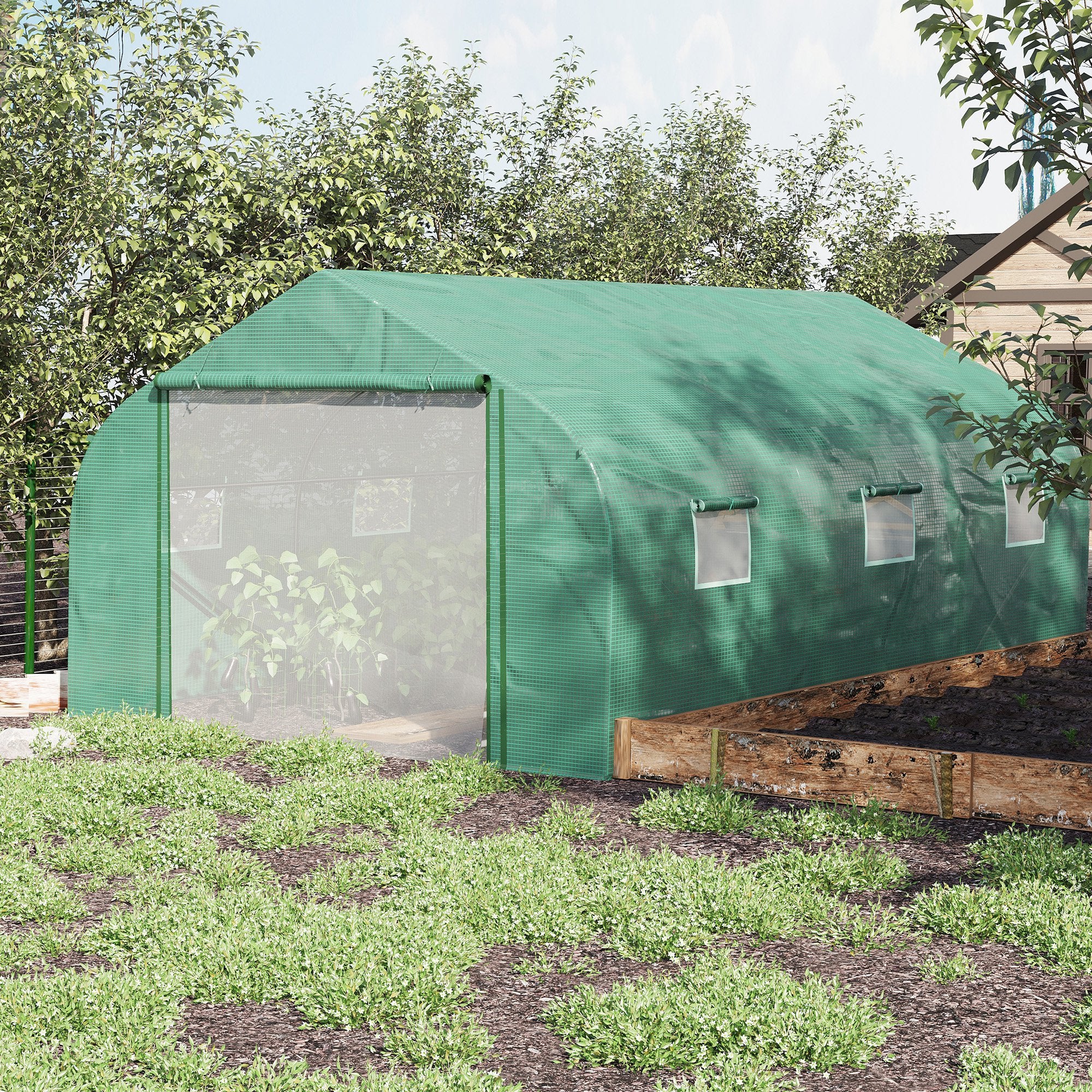 Walk-In Polytunnel Greenhouse with PE Cover and 6 Windows - Green