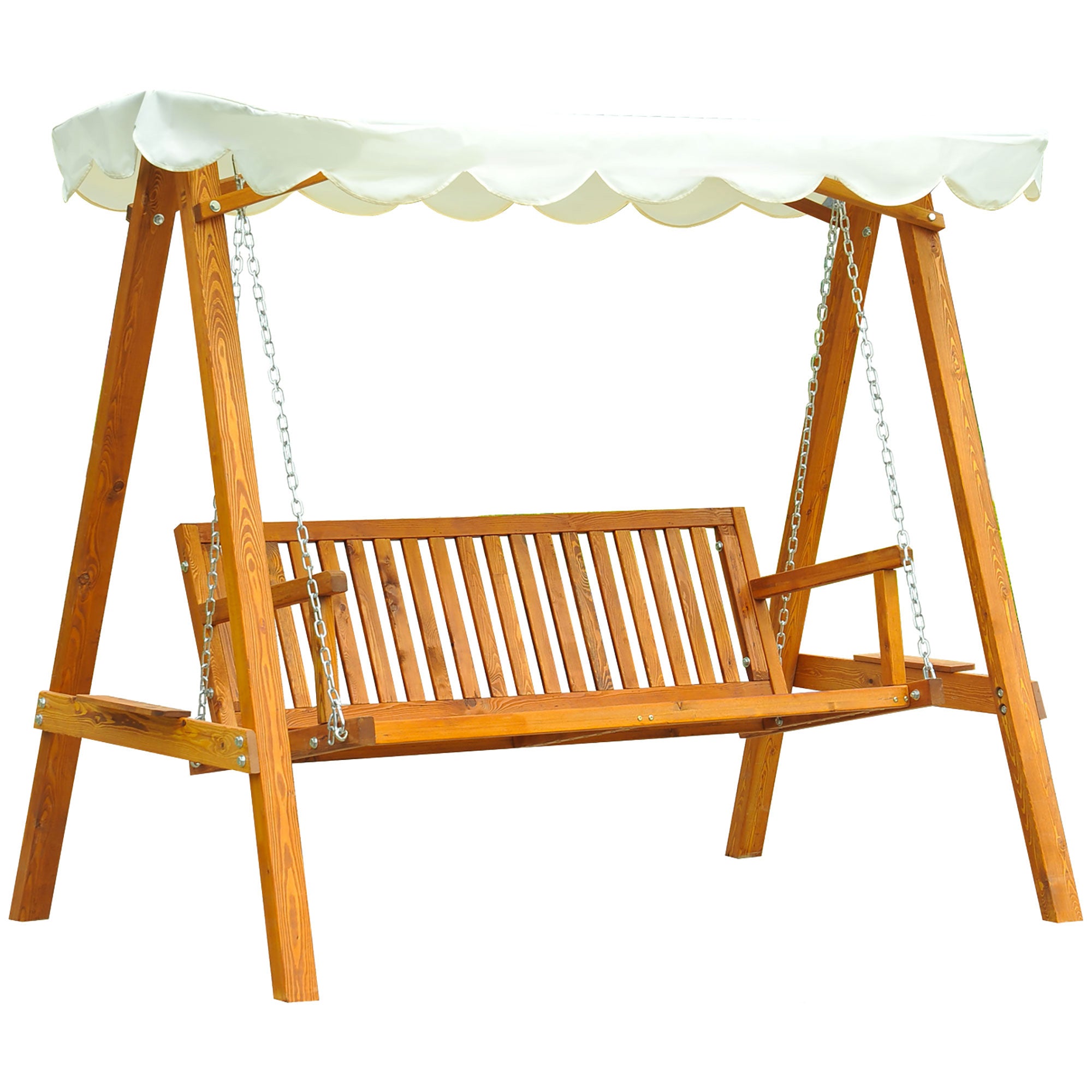 3 Seater Wooden Garden Swing Seat with Sun Shade Canopy - Cream White