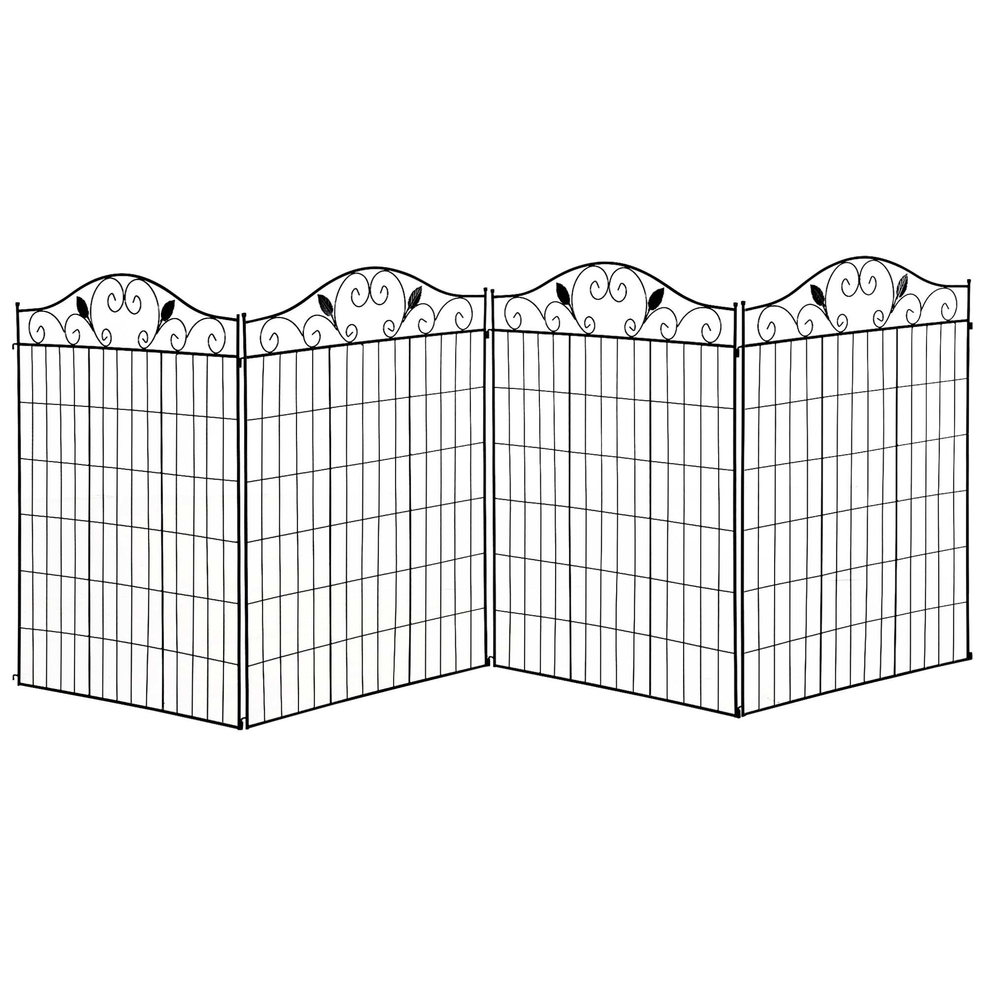 Set of 4 Metal Garden Fence Panels with Vine Design 365x112cm - Black