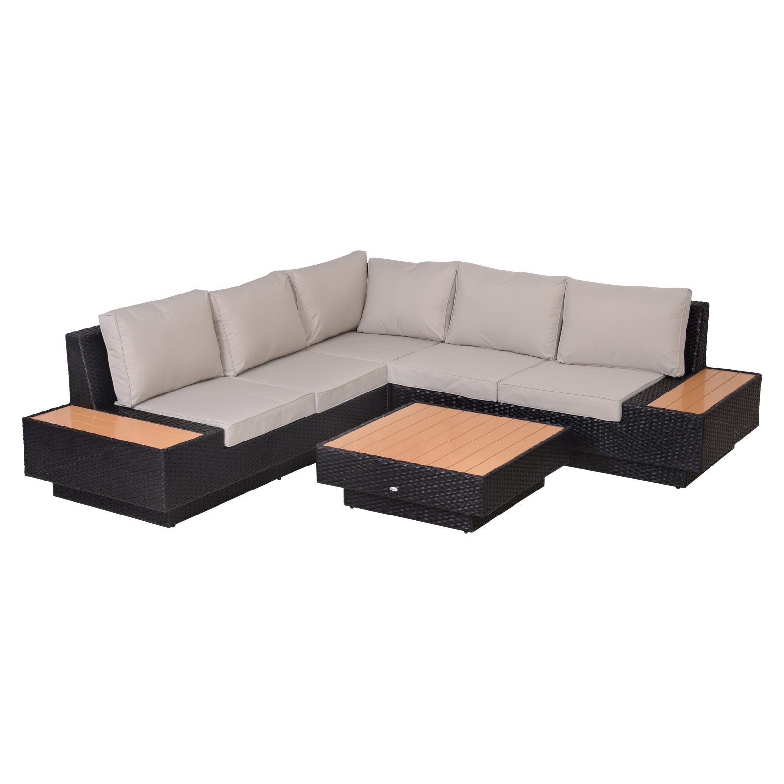 5-Seater Rattan Garden Furniture Sectional Corner Sofa with Coffee Table and Cushions - Black