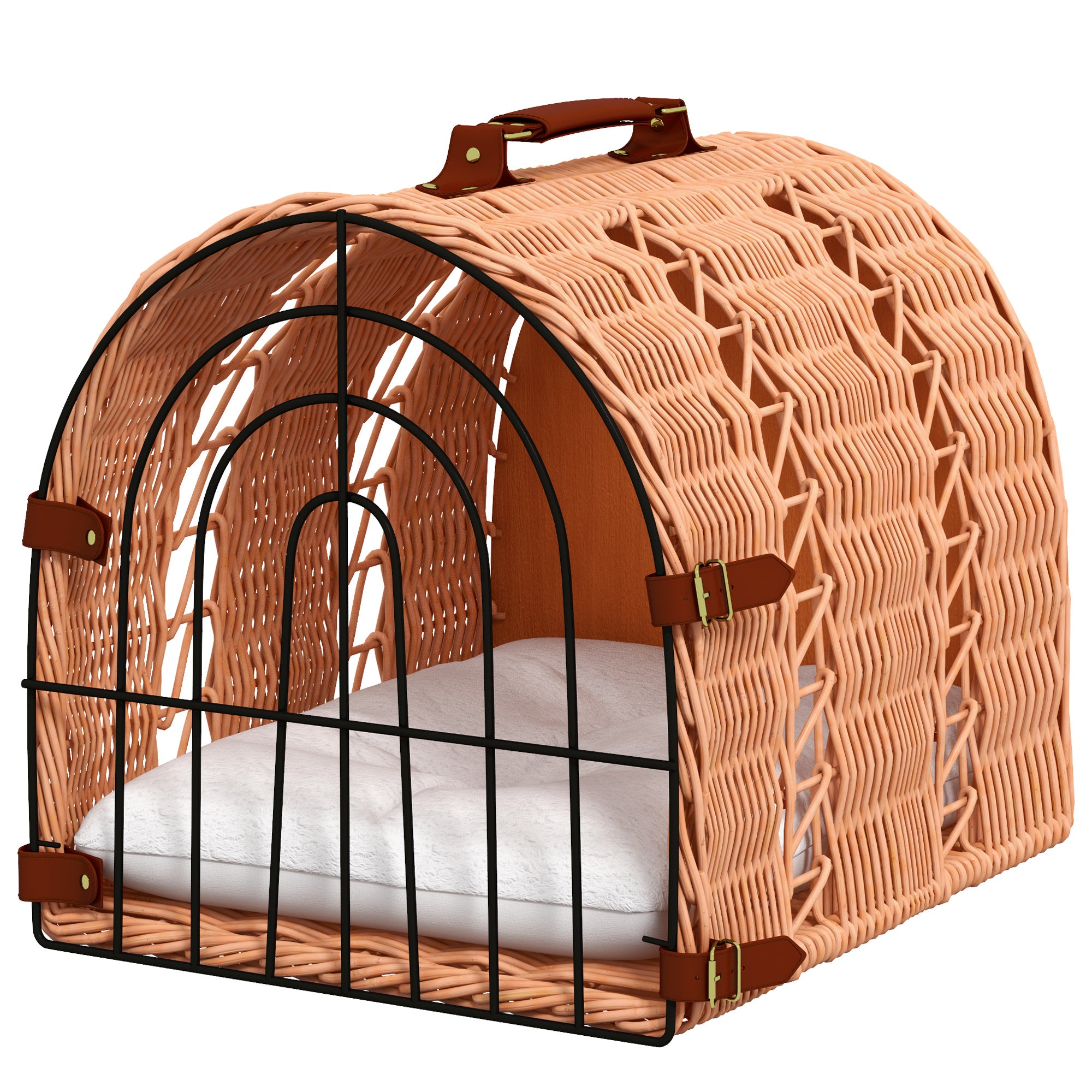 Wicker Cat Carrier Basket Kitten Bed Portable Pet Caves Houses w/ Soft Cushion 37 x 28 x 29 cm Orange