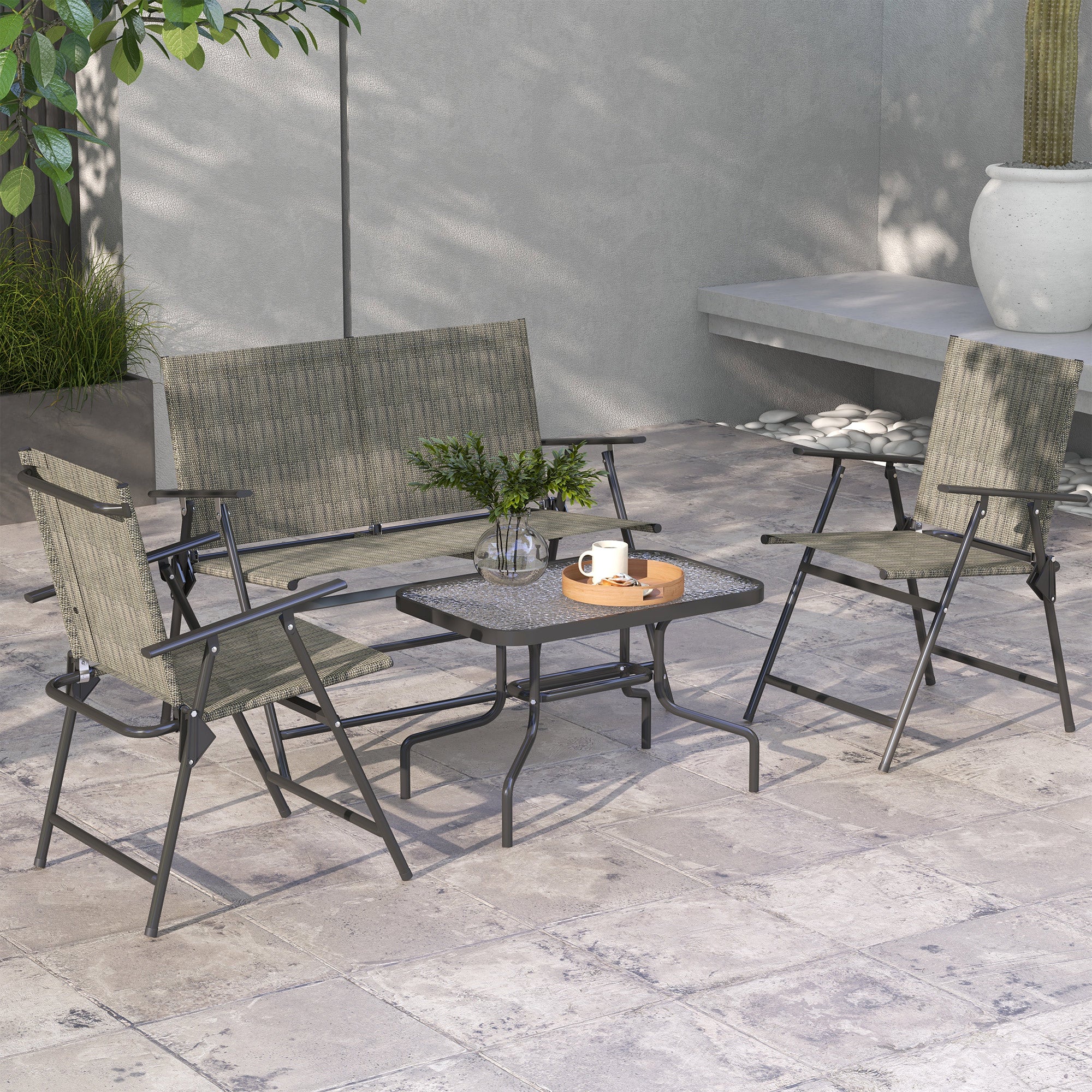 4 Piece Patio Furniture Set with Foldable Breathable Mesh Seats - Mixed Brown