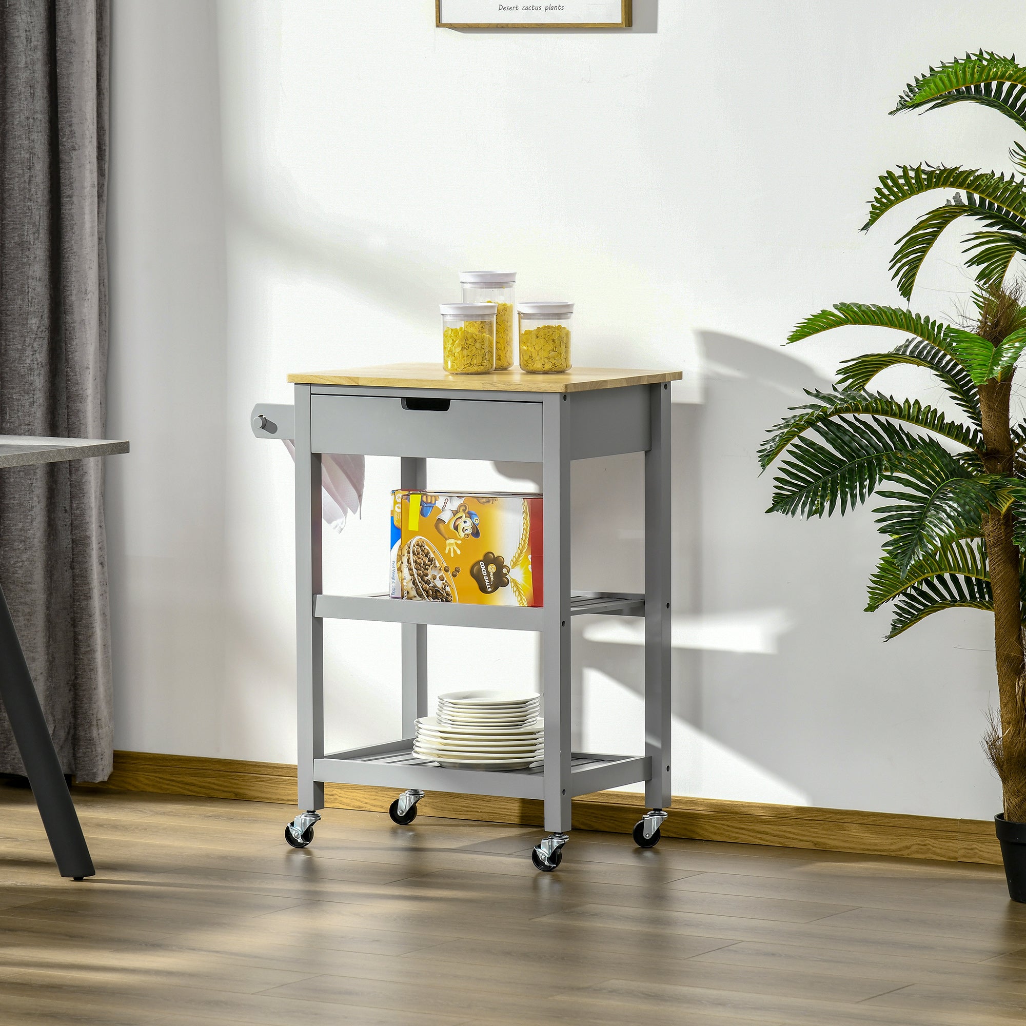 Kitchen Trolley Utility Cart with Rubberwood Worktop, Drawer, Shelves & Towel Rack - Grey