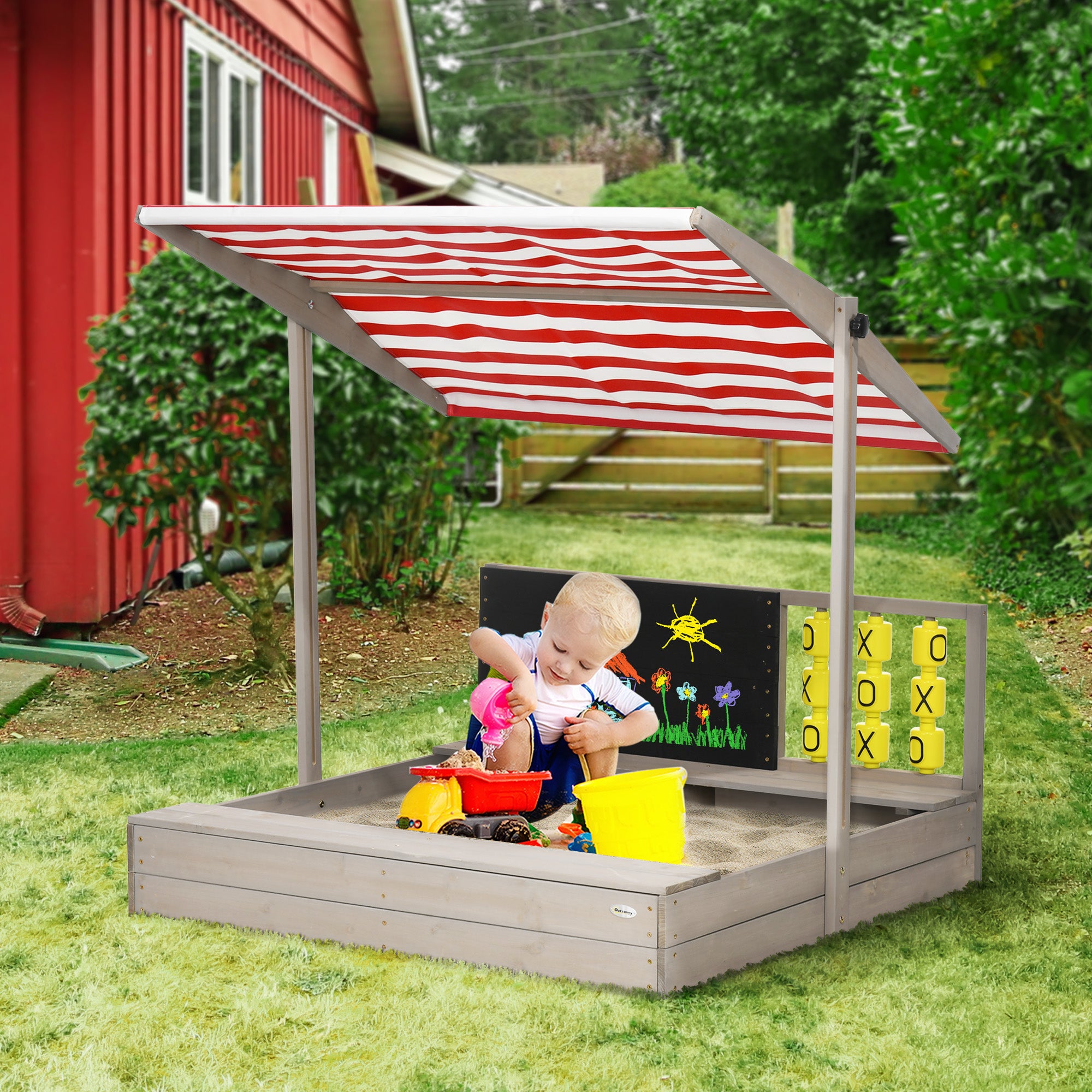 Kids Wooden Sandpit With Adjustable Canopy And Seats - Grey