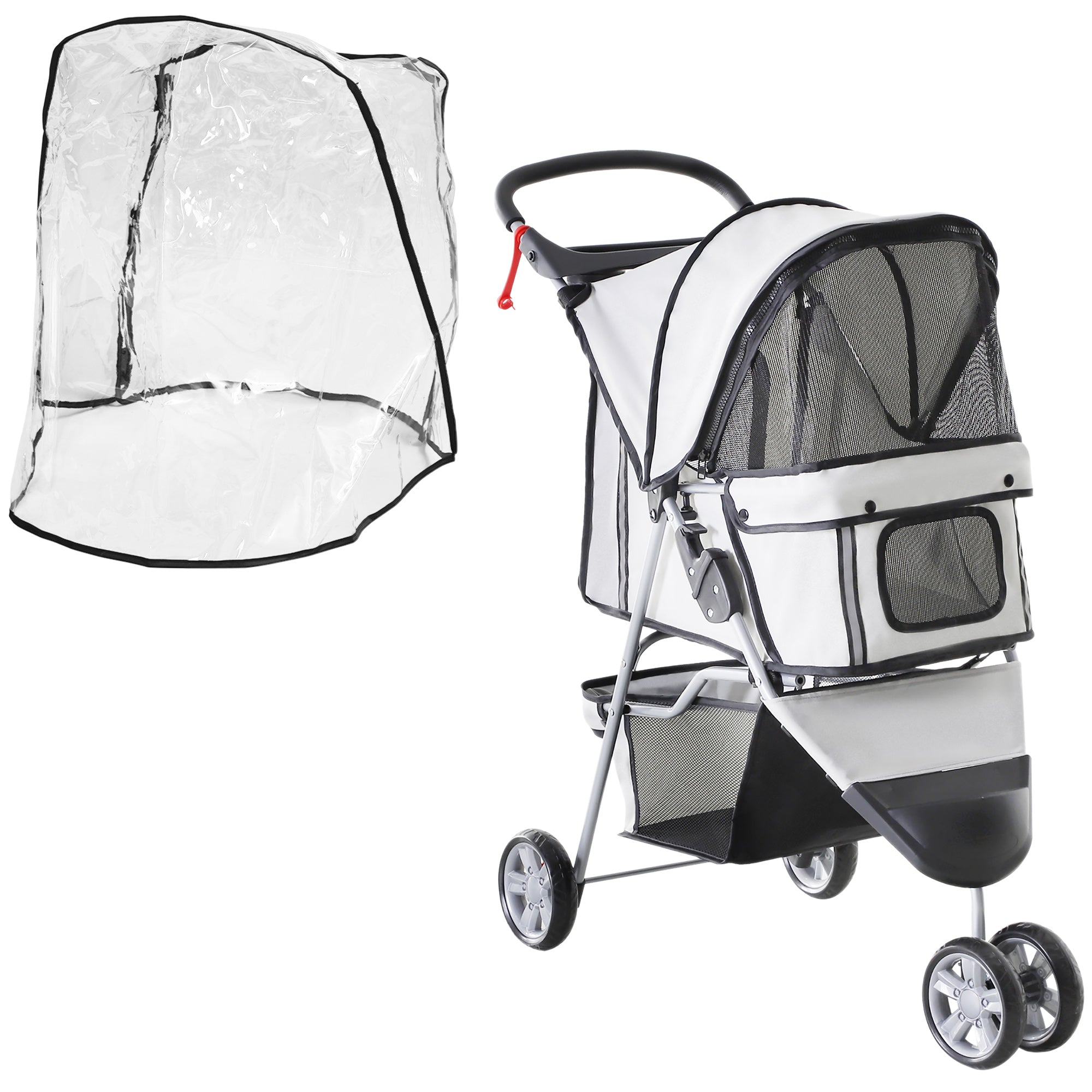 Folding Dog Stroller with Cover, Cup Holder, Storage Basket & Reflective Strips for Small Miniature Dogs - Grey