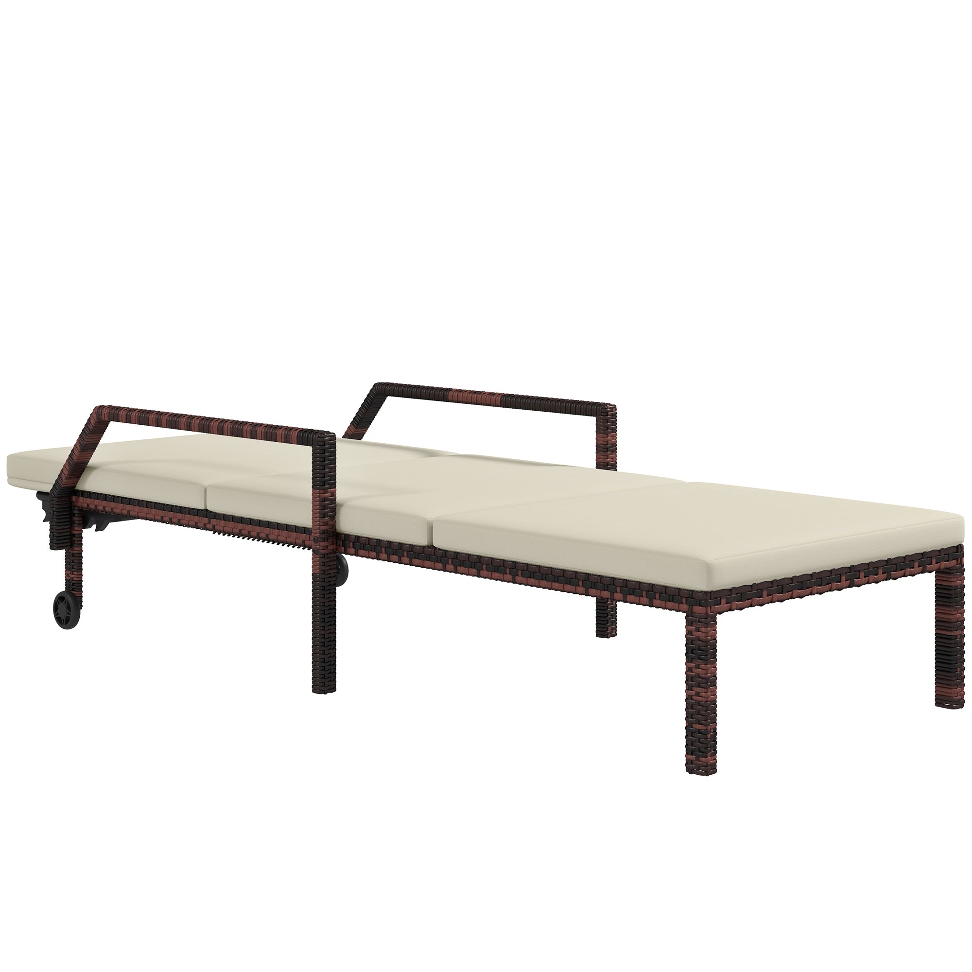 Rattan Outdoor Sun Lounger with Adjustable Backrest and Wheels - Brown