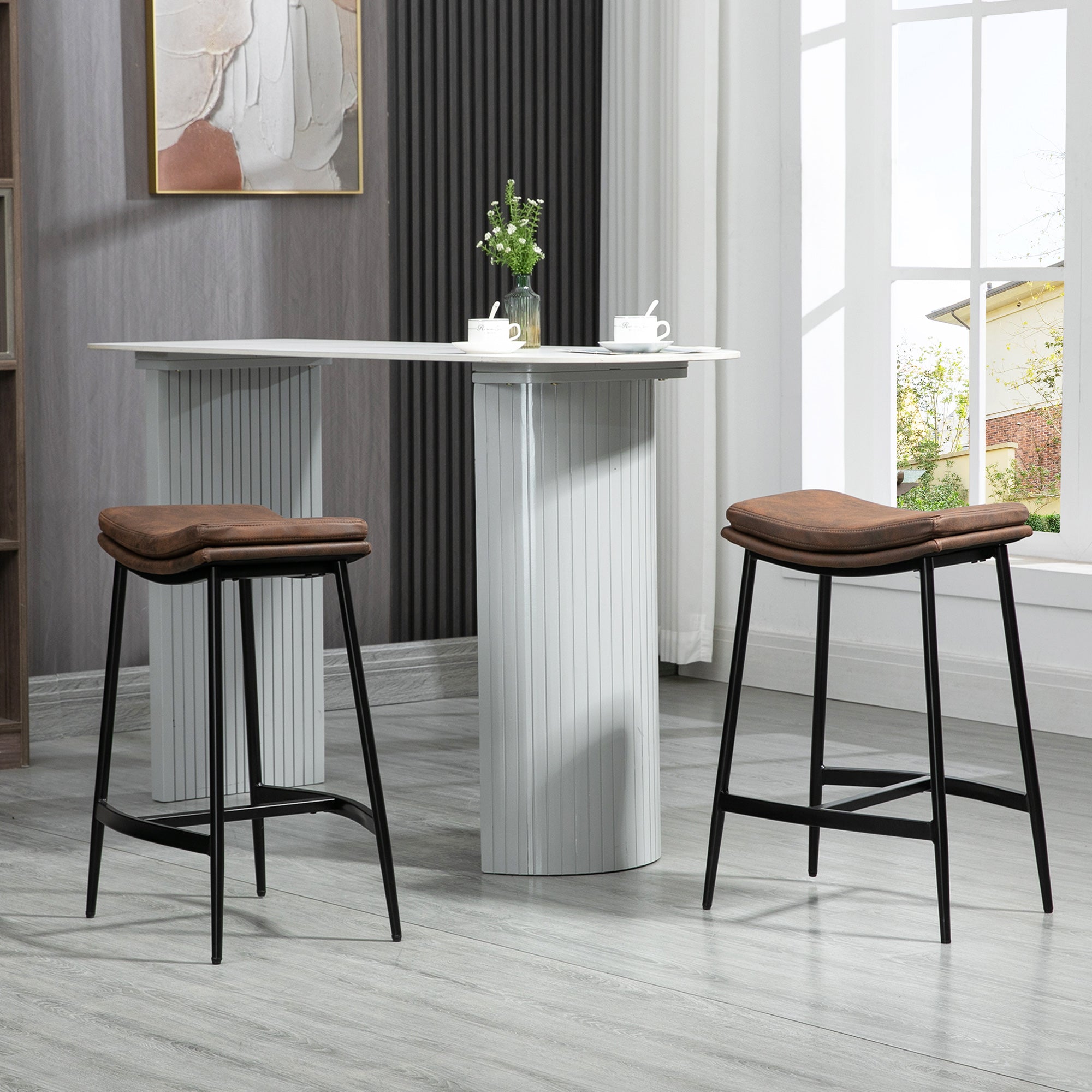 Industrial Microfibre Bar Stools Set of 2 with Padded Seats - Black