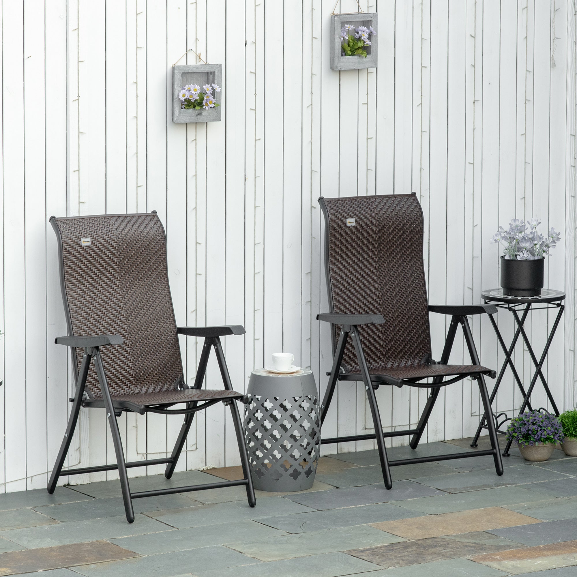 Set of 2 Adjustable Outdoor Wicker Folding Chairs with Steel Frames - Red Brown