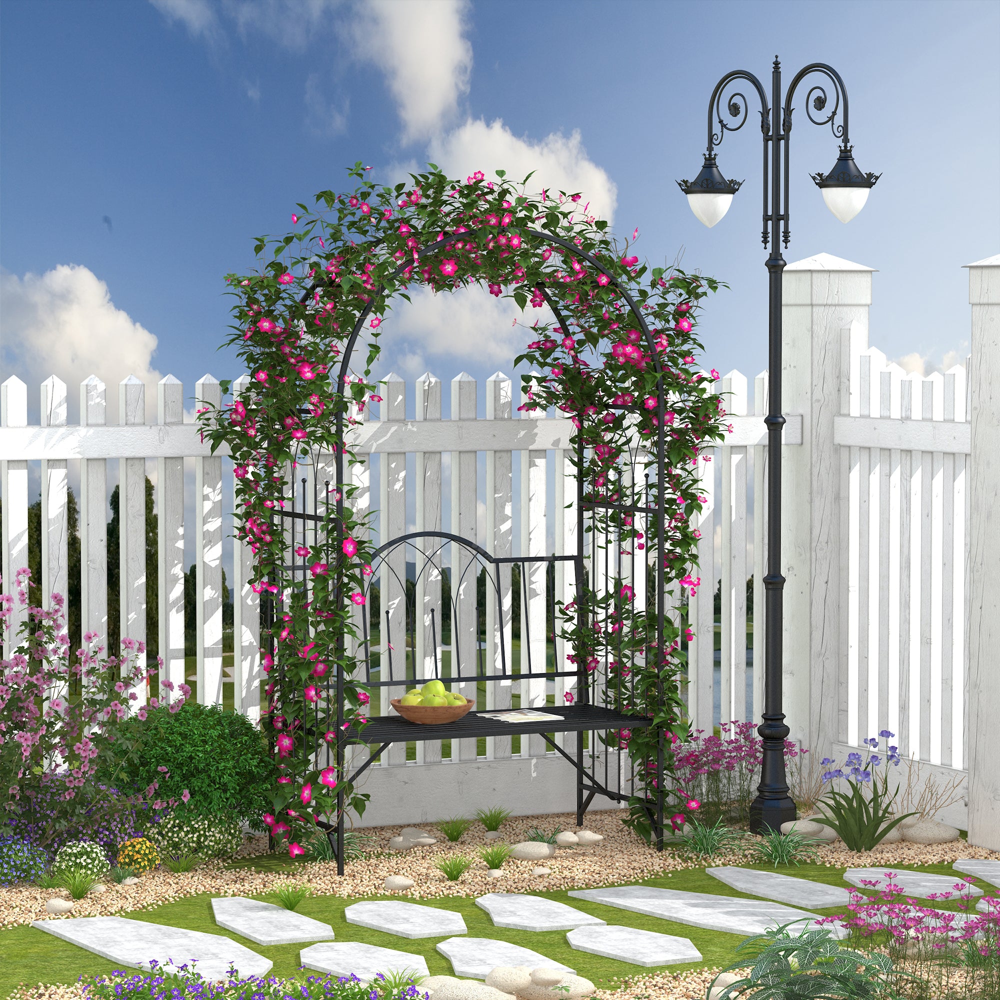 Garden Metal Arch Bench with Rose Trellis Pergola 2-Seater Arbour - Black