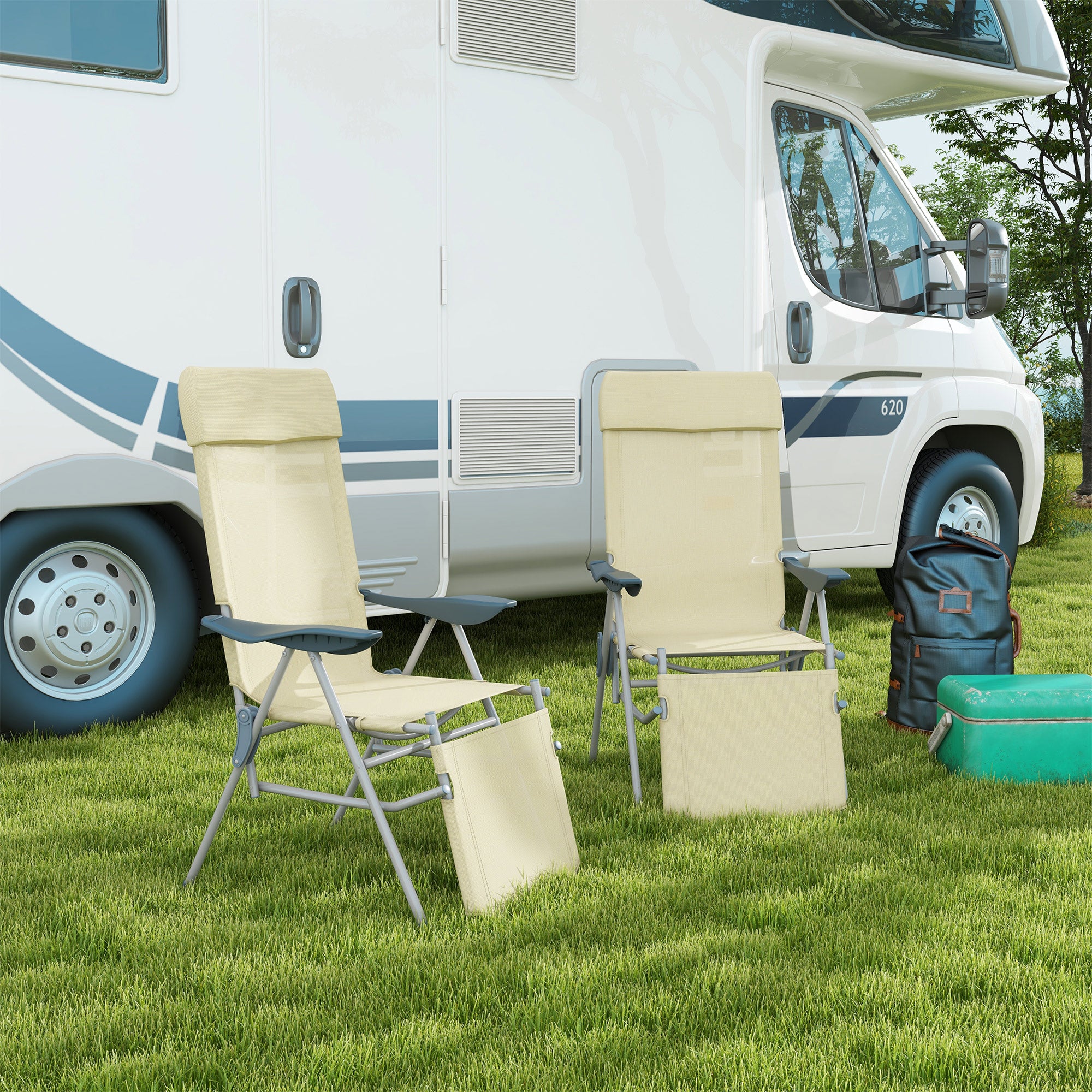 Set of 2 Adjustable Outdoor Sun Lounger Chairs with Breathable Mesh Beige