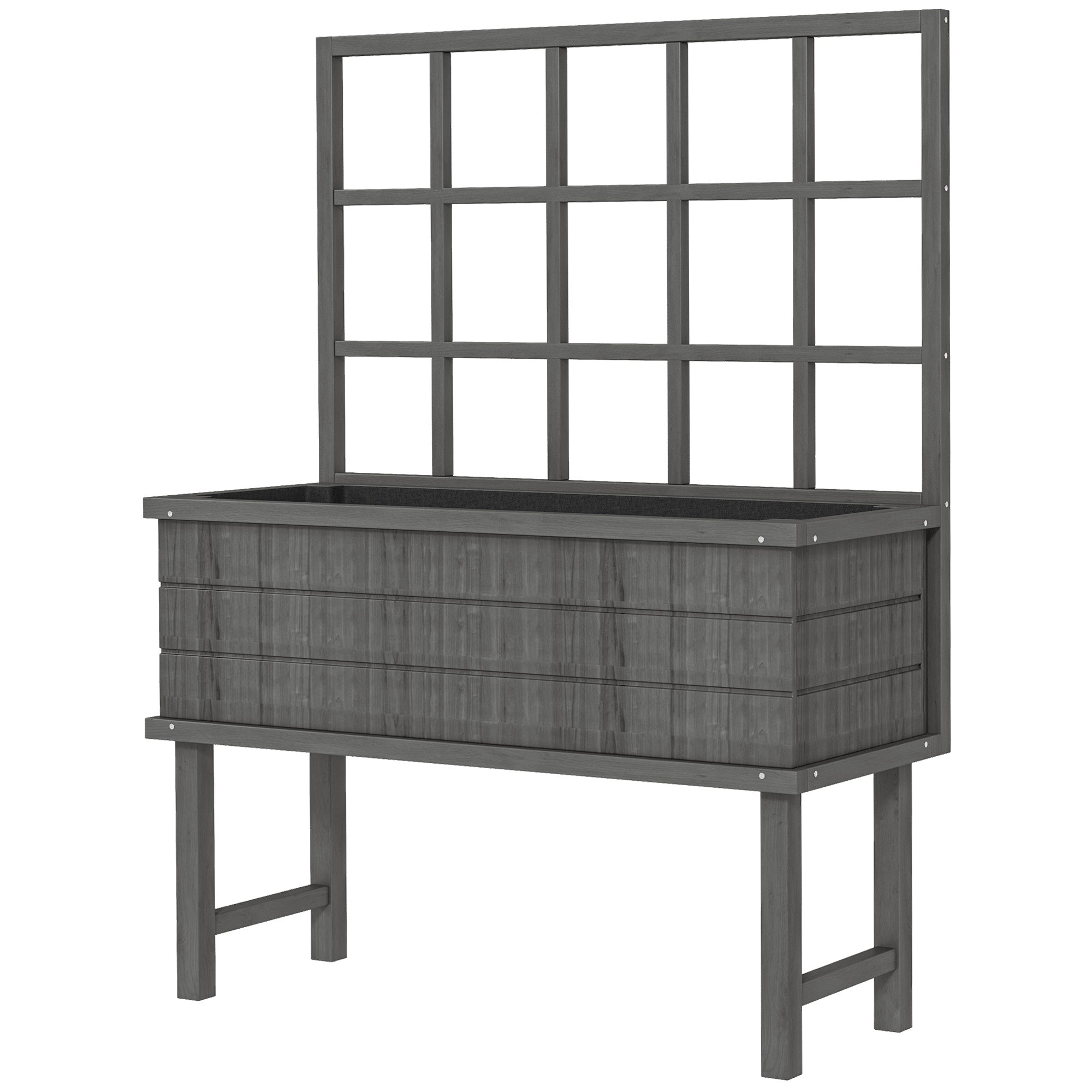 Wooden Raised Planter with Trellis and Drainage Holes, Elevated Garden Bed with Liner - Grey