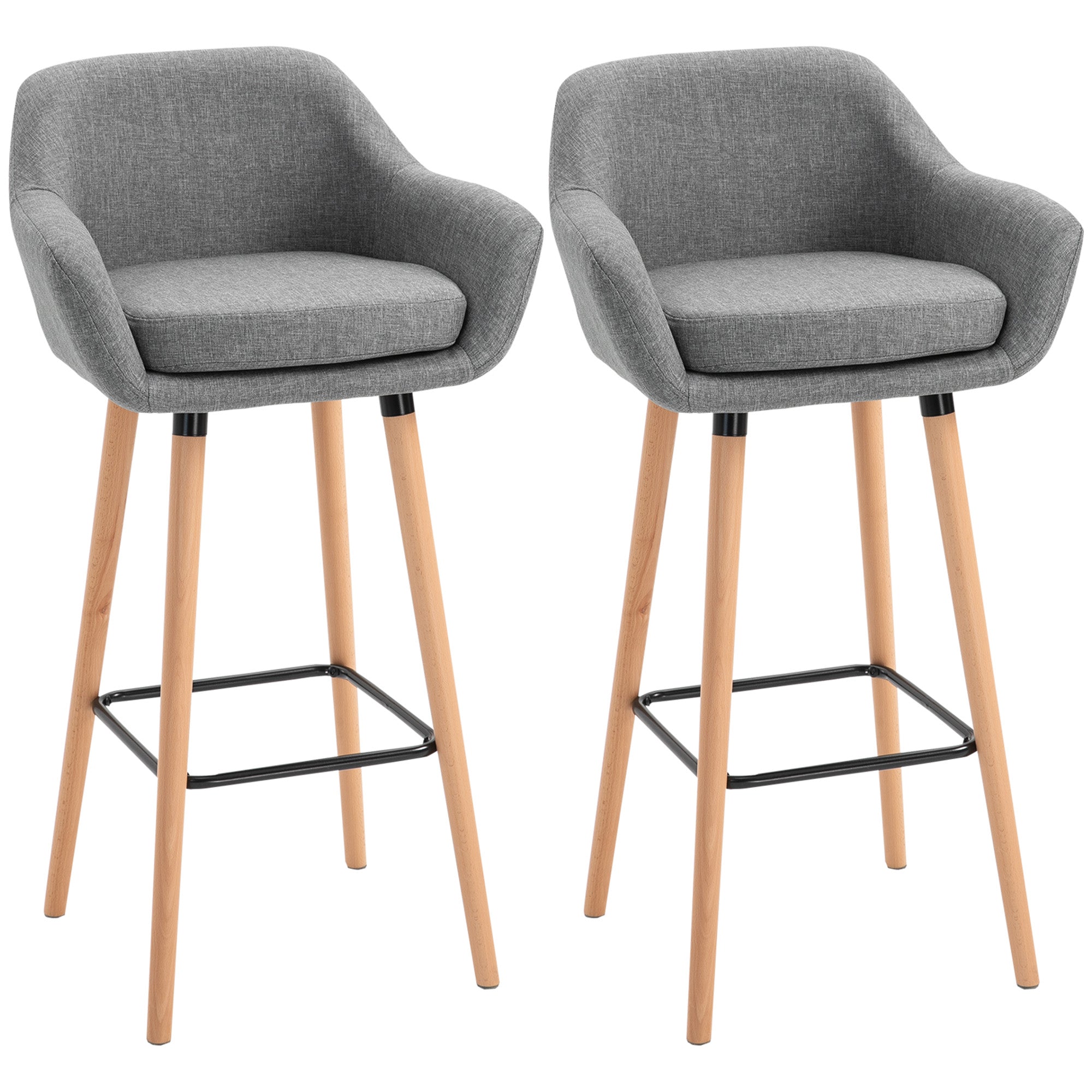 Modern Upholstered Bar Stools Set of 2 with Solid Wood Legs - Grey