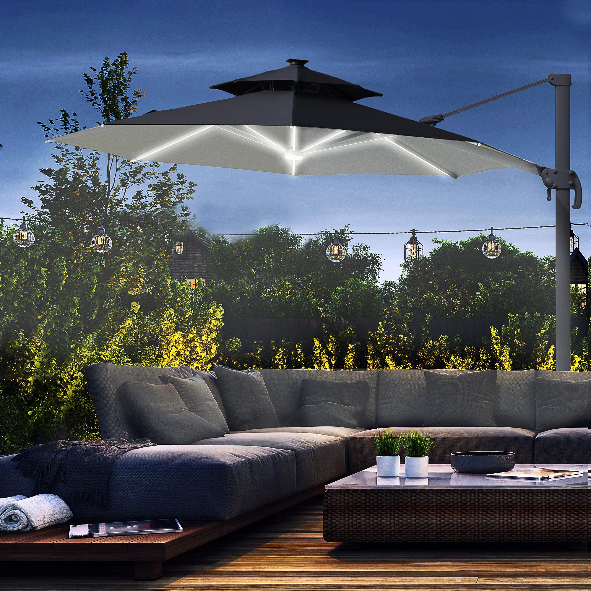 3 Metre Cantilever Parasol with Solar Lights and Power Bank Grey