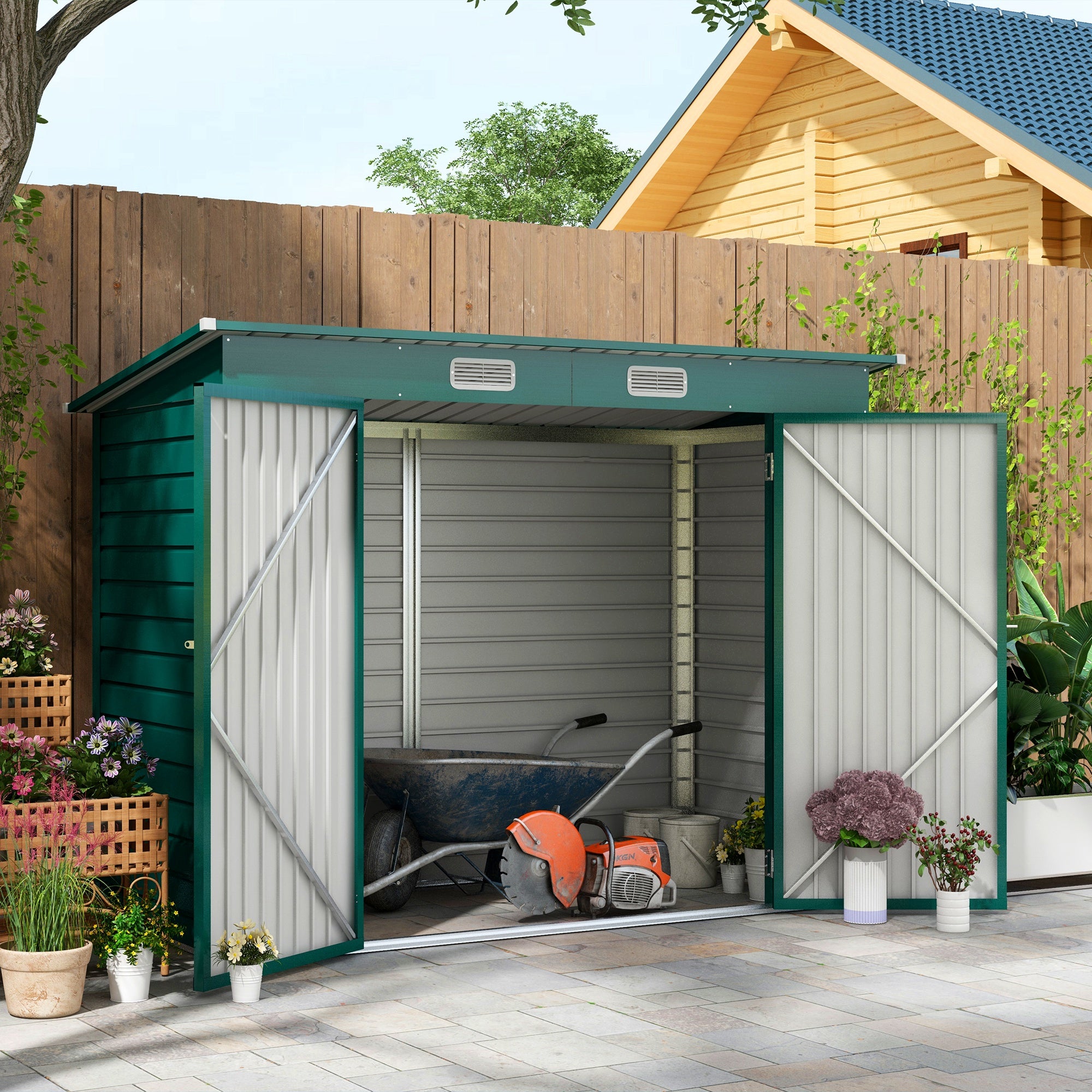 8 x 4ft Galvanised Metal Garden Storage Shed with Double Doors - Green