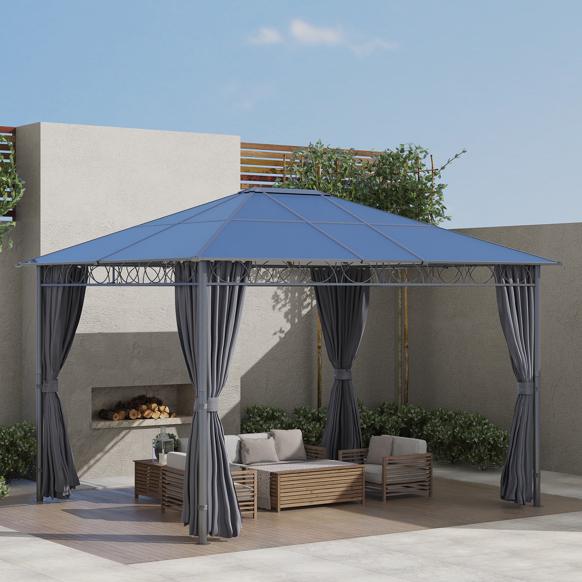 3.6 x 3m Hardtop Gazebo with UV Resistant Polycarbonate Roof, Steel & Aluminium Frame, Garden Pavilion with Curtains - Grey