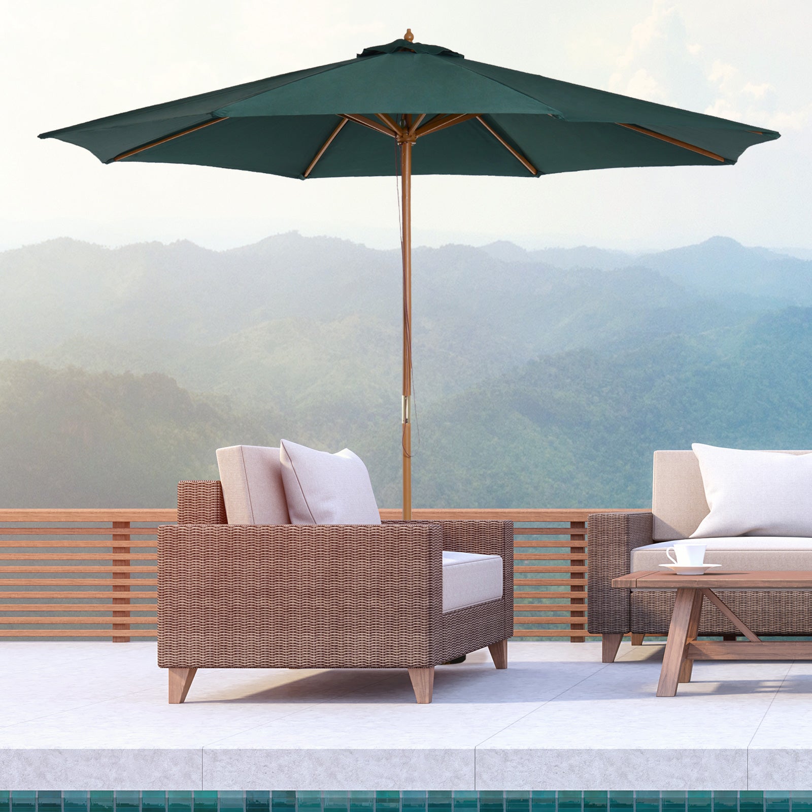 3 Metre Wooden Patio Umbrella with Pulley and Tilt Mechanism - Dark Green