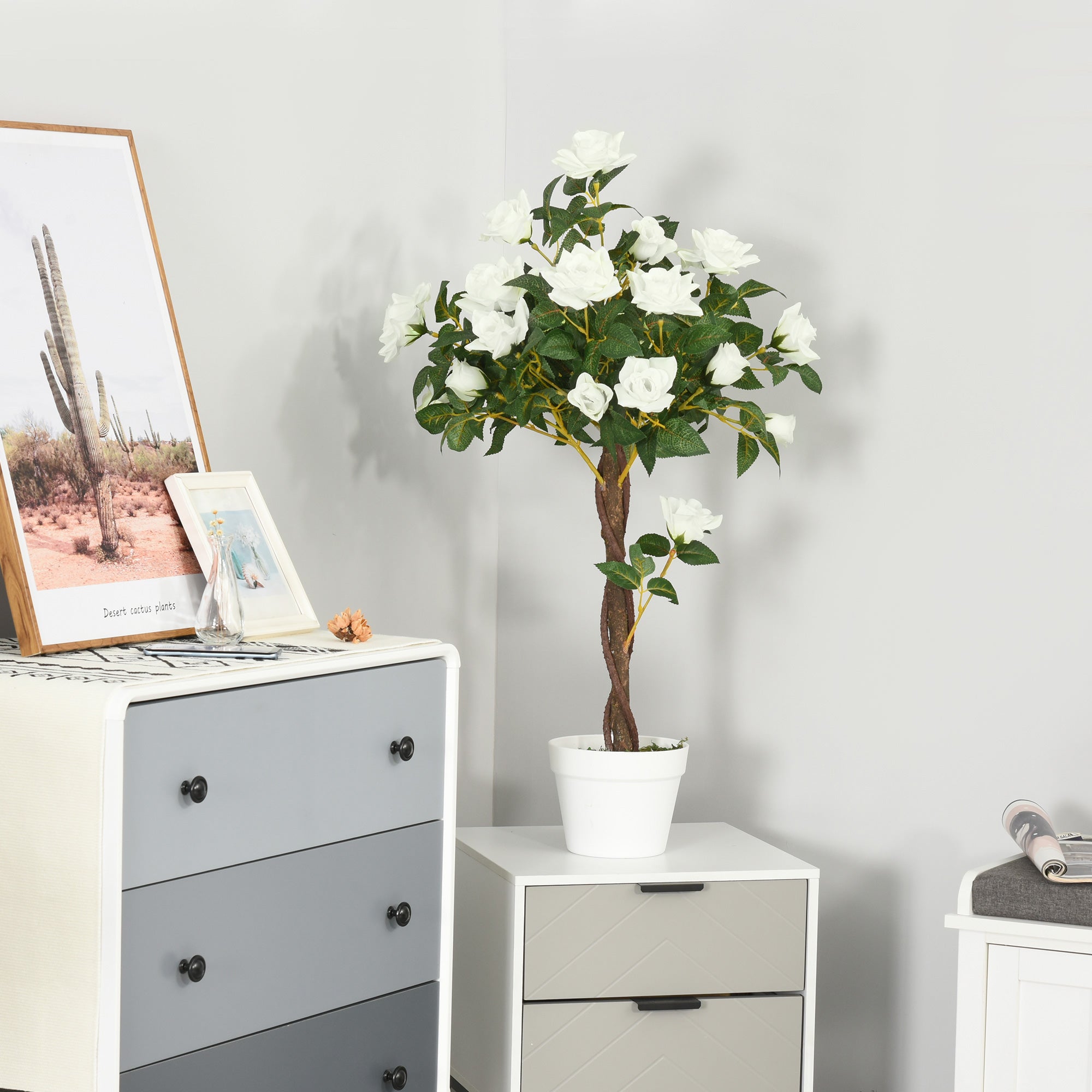 90cm Artificial Rose Tree with 21 Flowers for Indoor Outdoor Decoration - White and Green