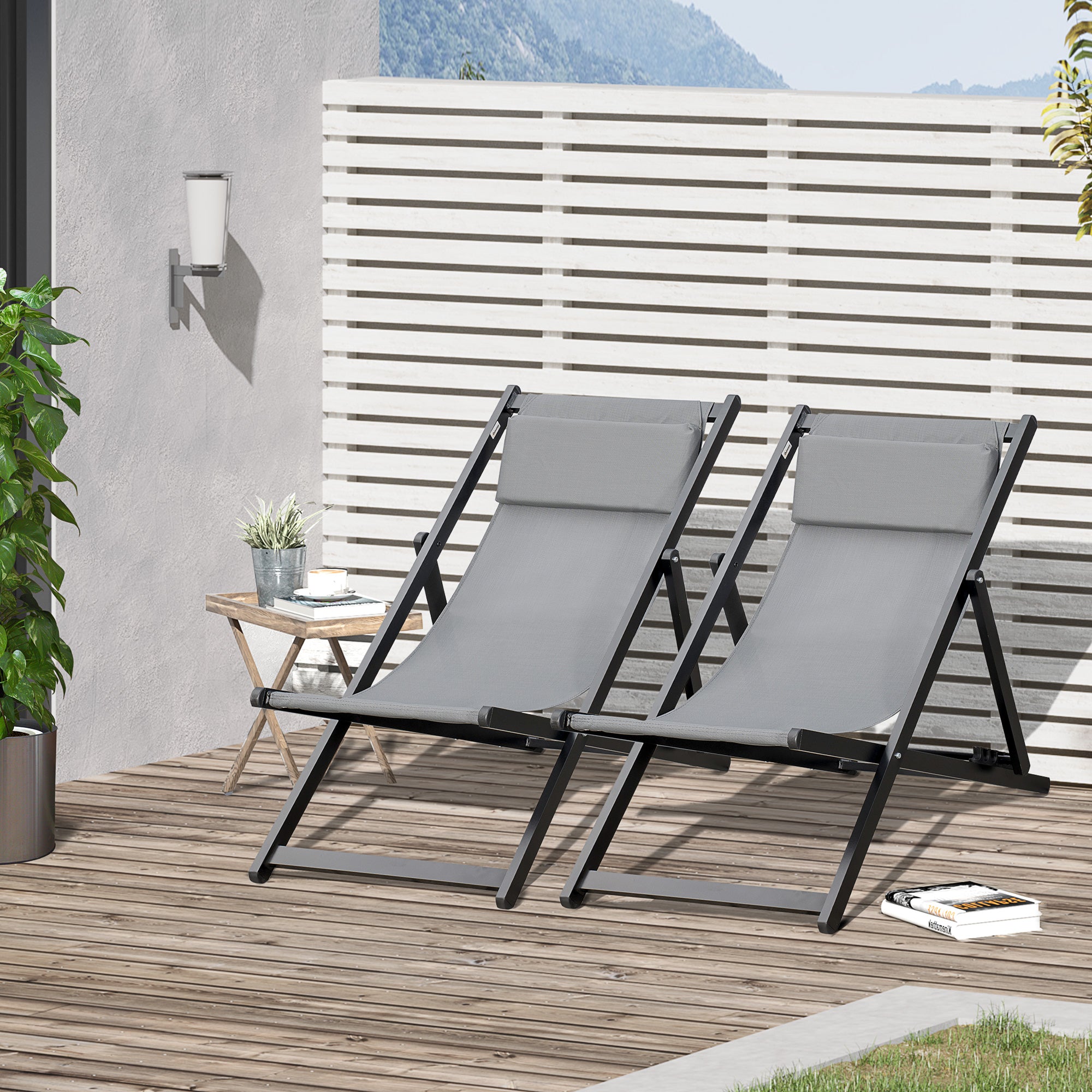 Set of 2 Folding Aluminium Frame Garden & Beach Deck Chairs with Adjustable Backrest - Grey