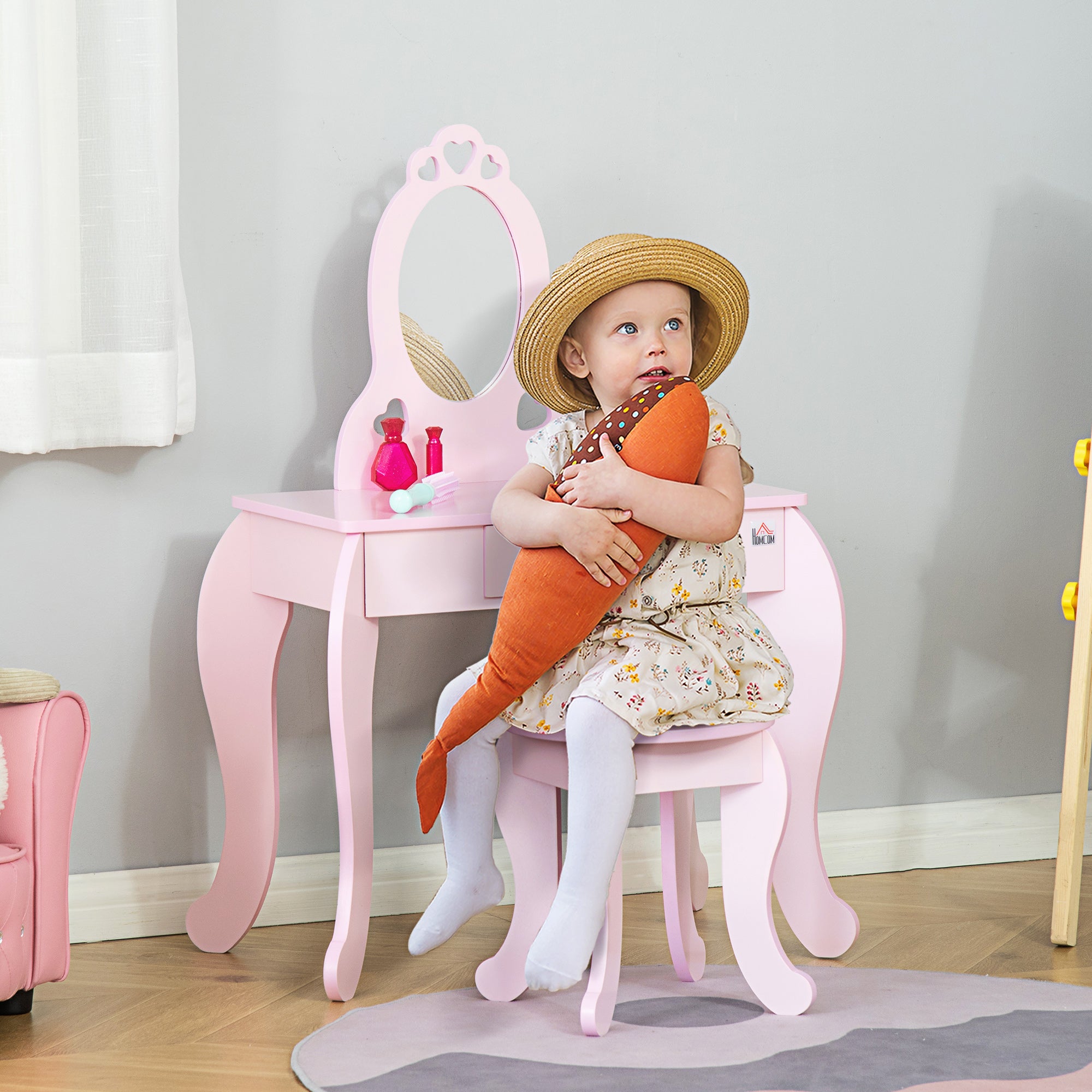 2 Piece Kids Vanity Table and Stool Set with Mirror Pink