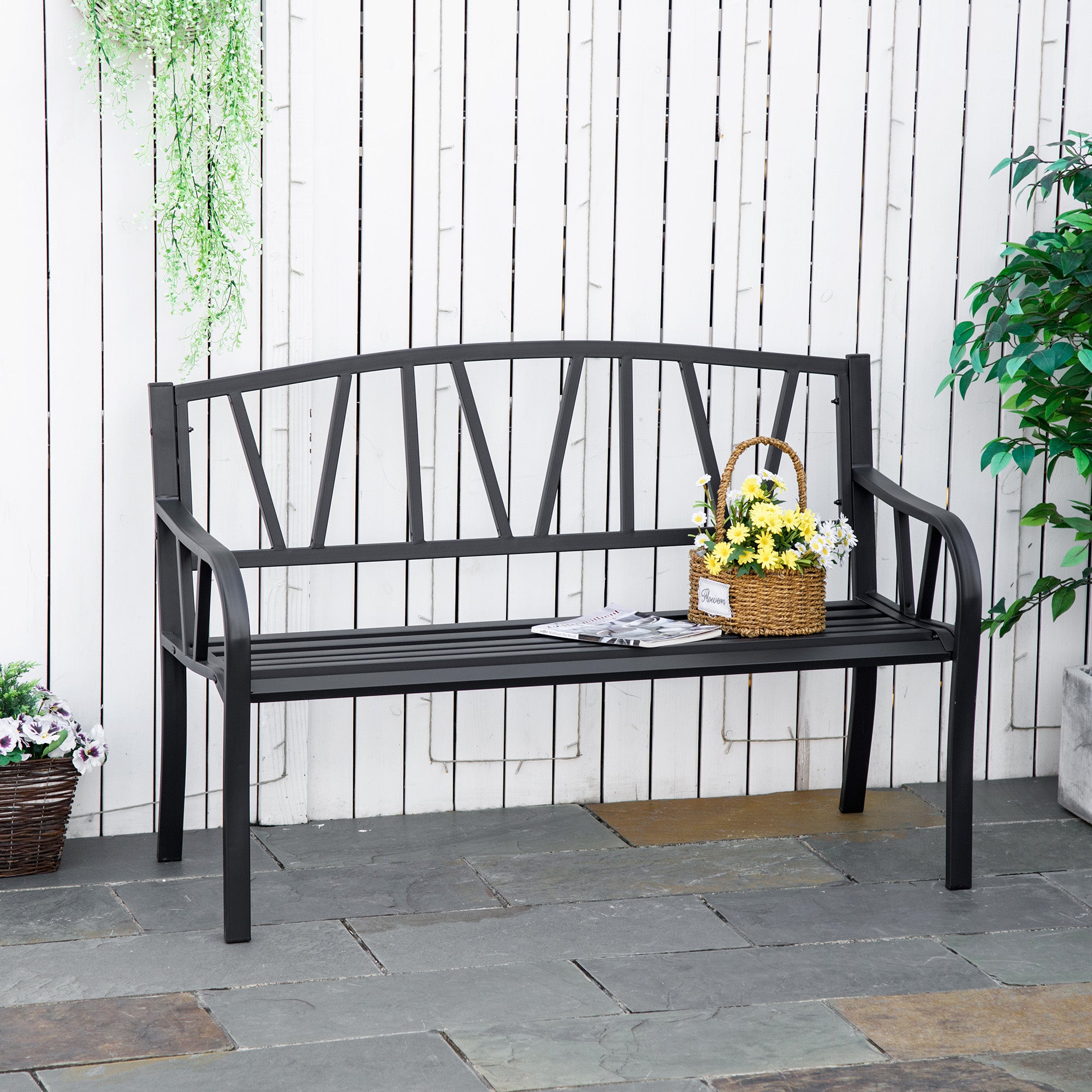 2 Seater Metal Garden Bench with Ergonomic Armrest - Black