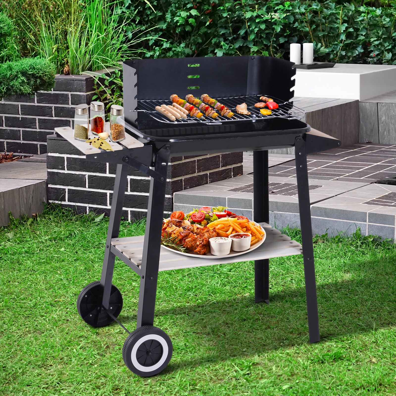 Charcoal BBQ Grill Trolley with Side Trays, Storage Shelf & Wheels - Black