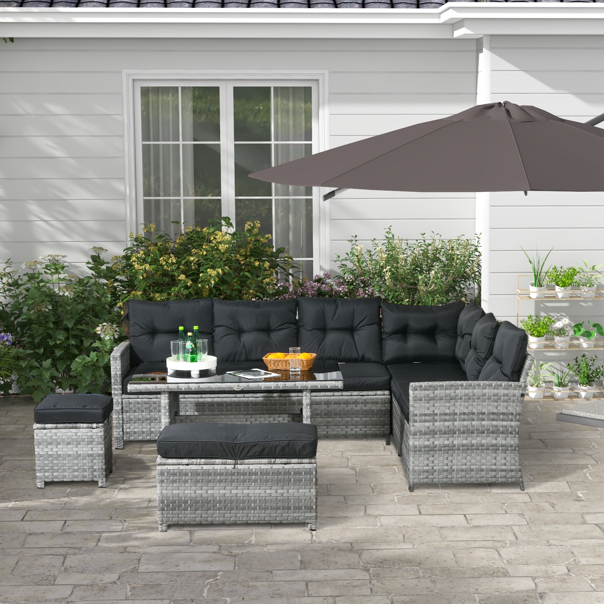 5 Piece Mixed Grey Rattan Patio Furniture Set with Cushions and Glass Table