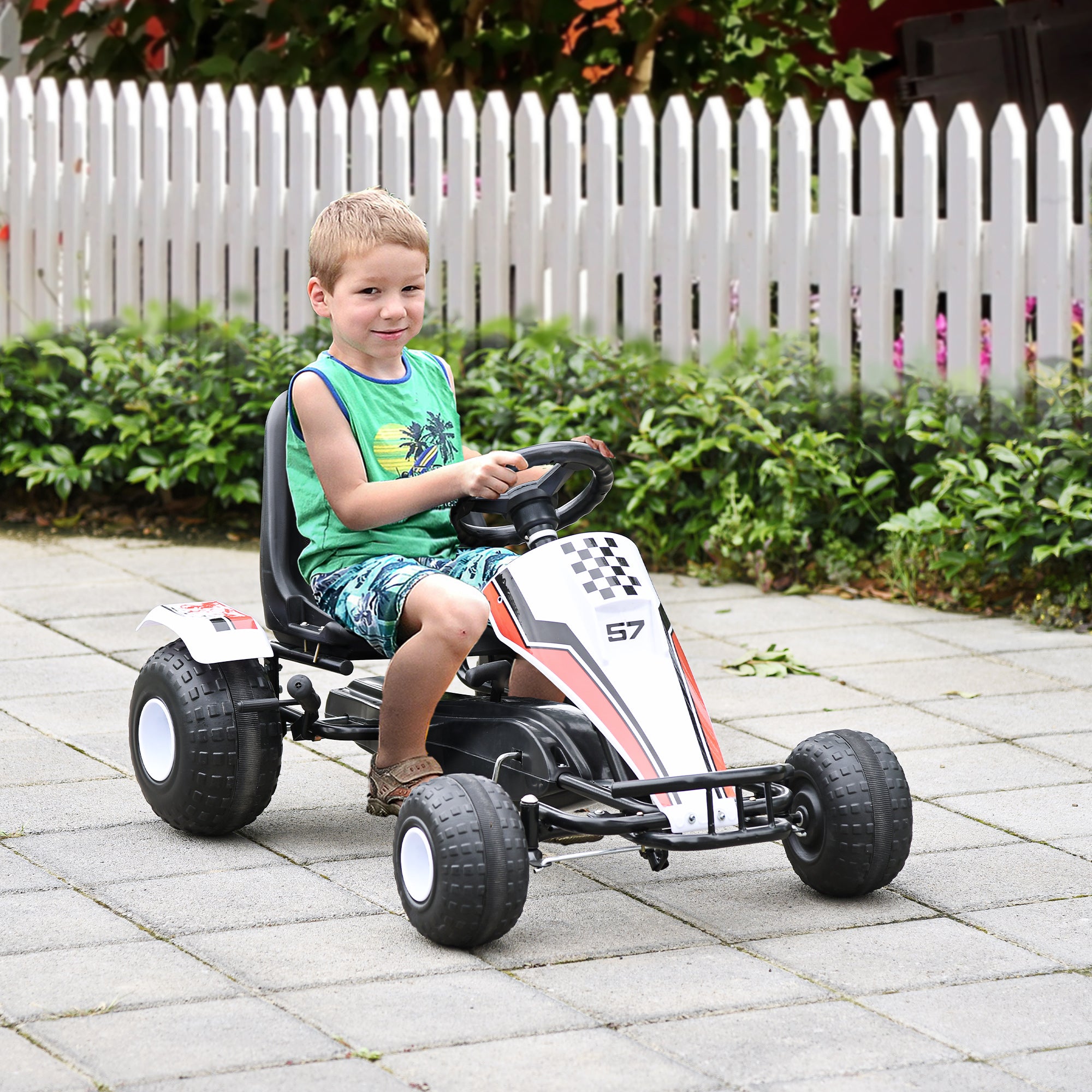 Kids Adjustable Seat Pedal Go-Kart with Steering Wheel and Hand Brake - White/Red
