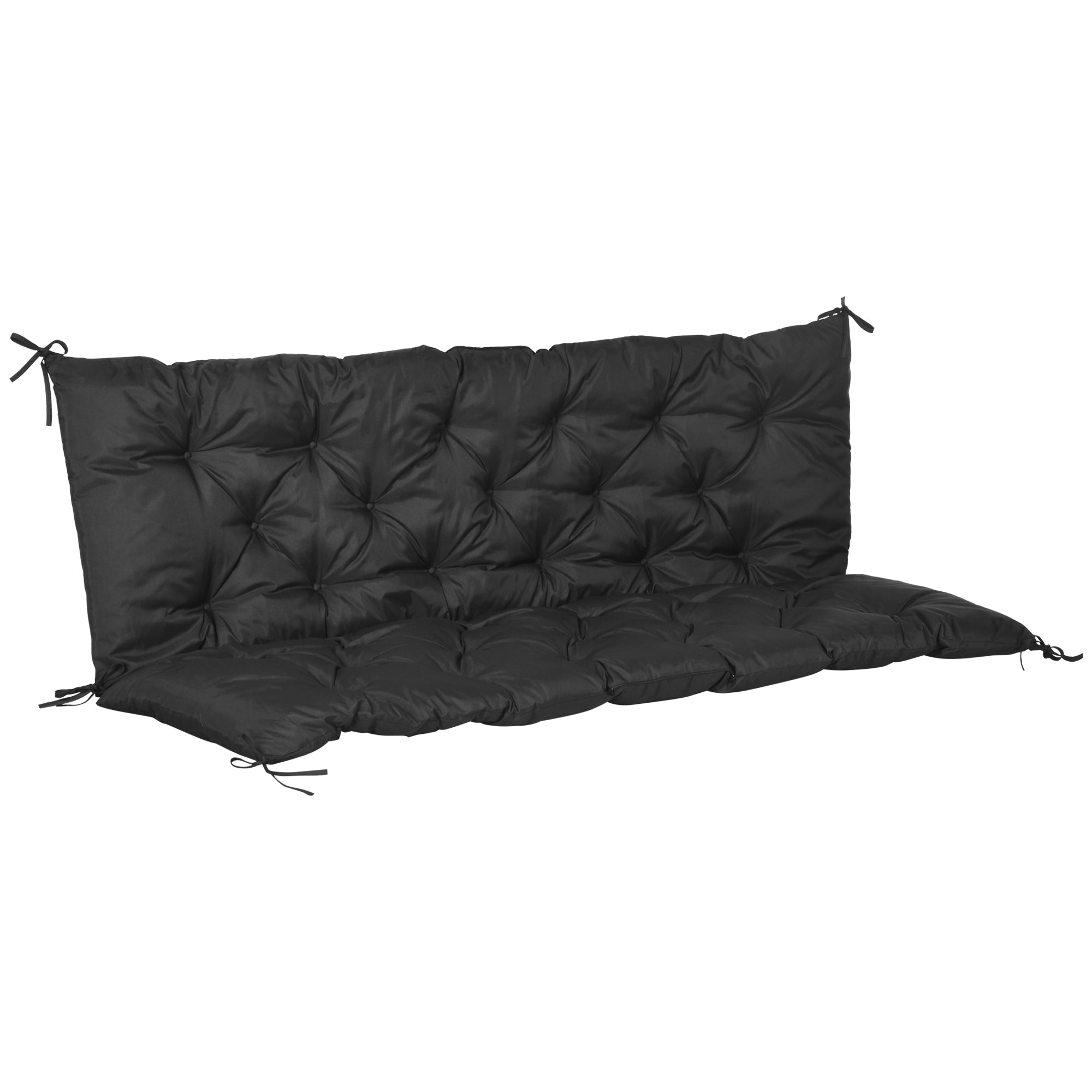 3 Seater Garden Bench Cushion with Back Support and Ties - Black Polyester