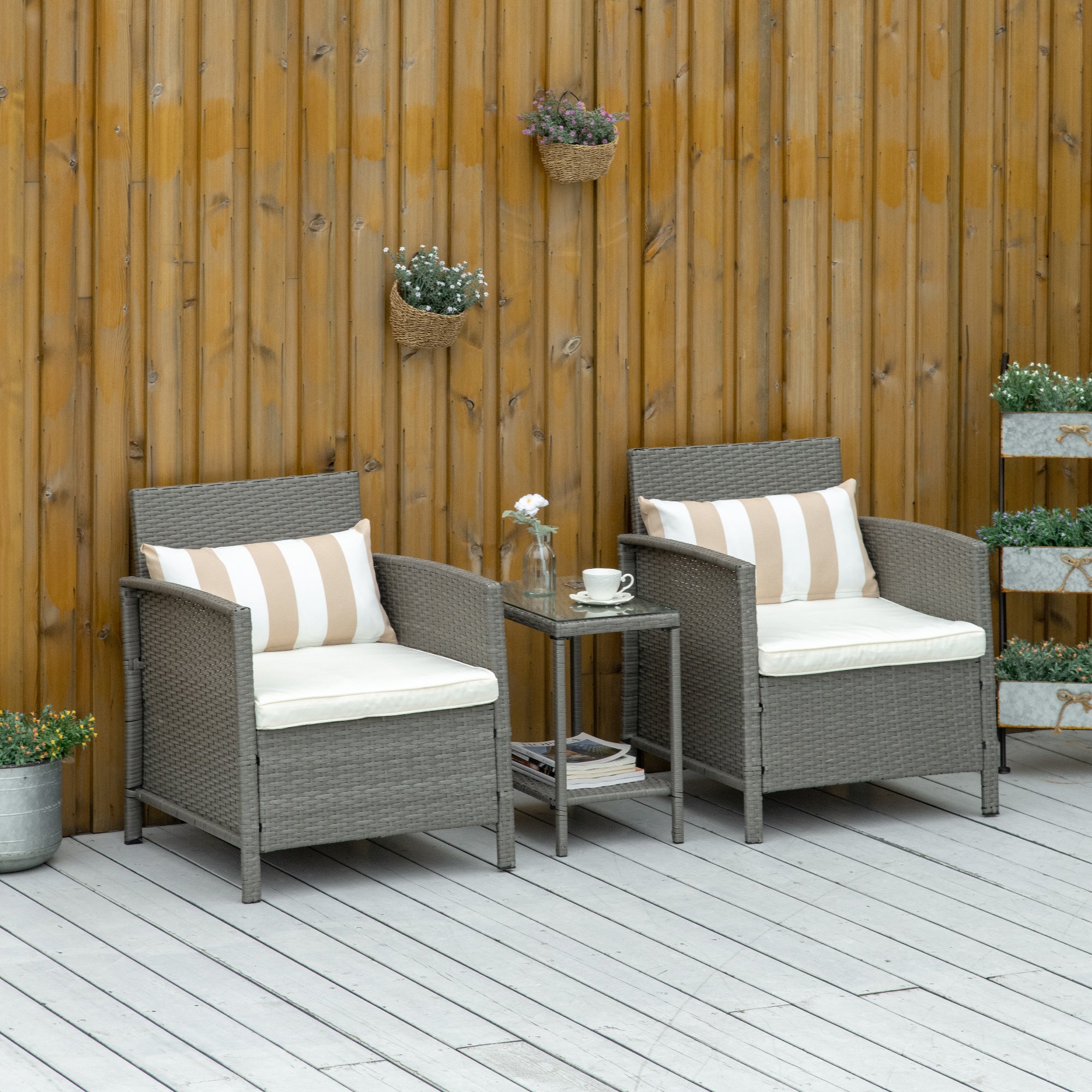 3 Piece Rattan Garden Furniture Set with Metal Frame - Light Grey