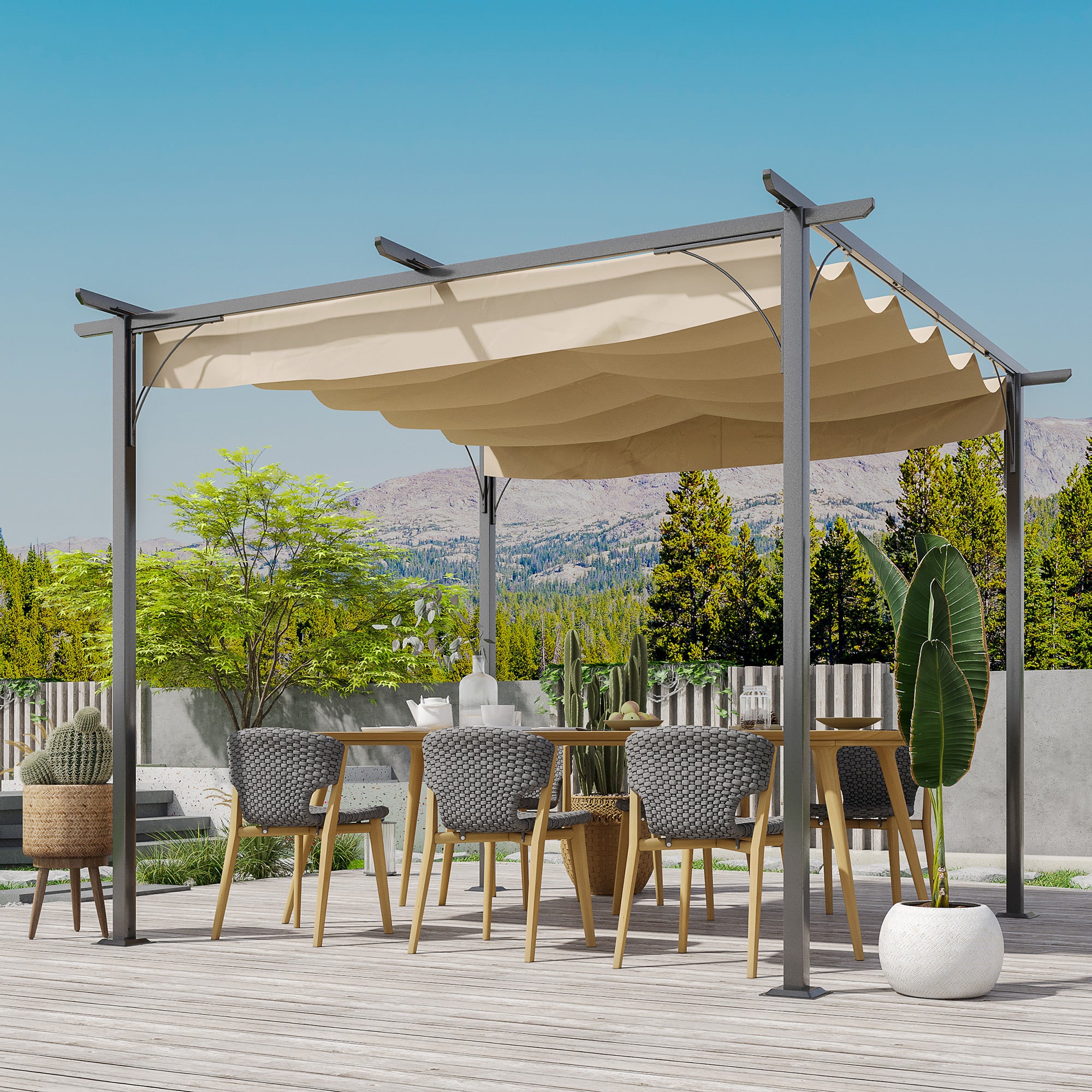 Retractable Canopy Metal Pergola Gazebo 300x300cm with UV Resistant Roof - Beige