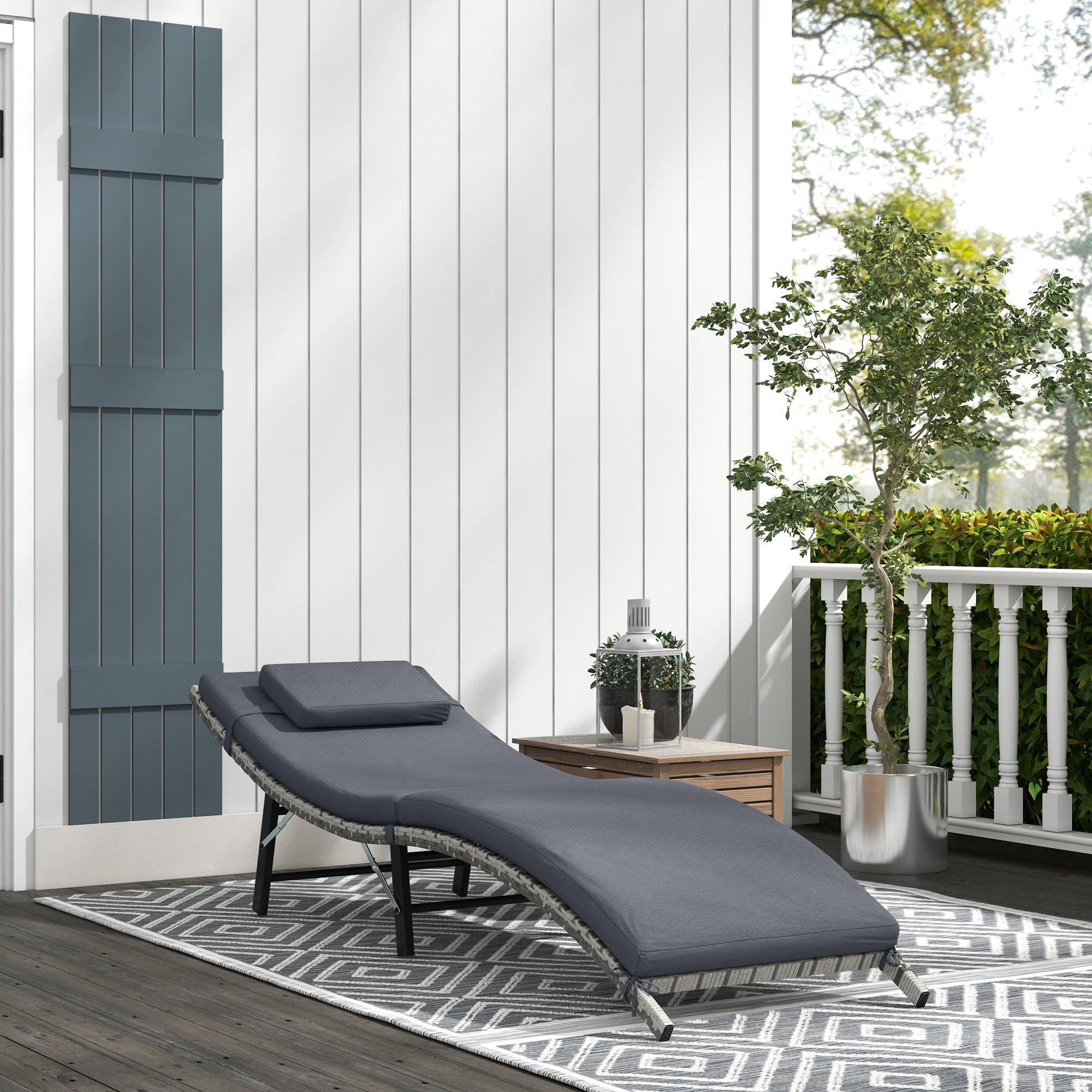 Rattan Folding Sun Lounger with Padded Cushion and Pillow Grey