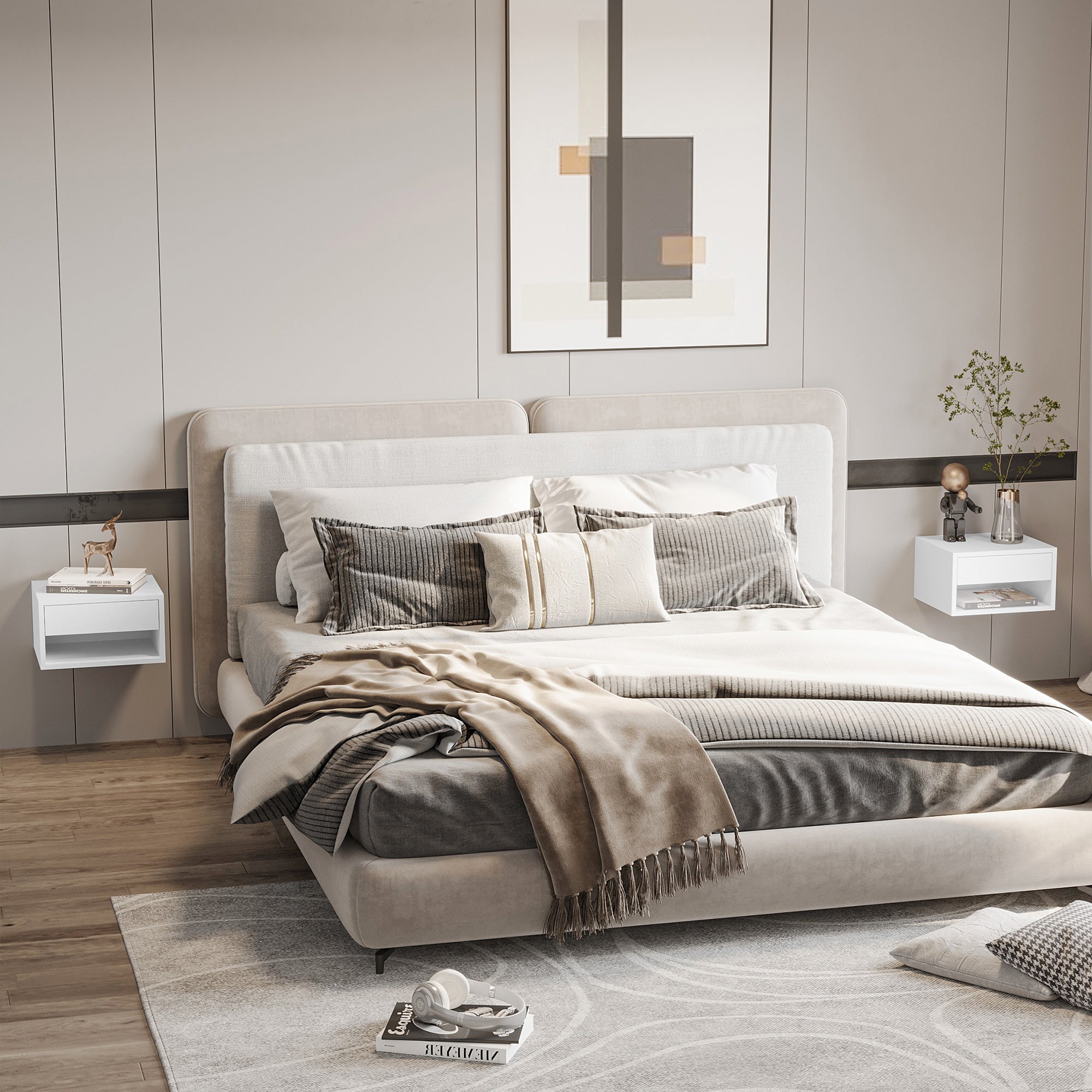 Set of 2 Wall Mounted Nightstands with Drawer and Shelf - High Gloss White