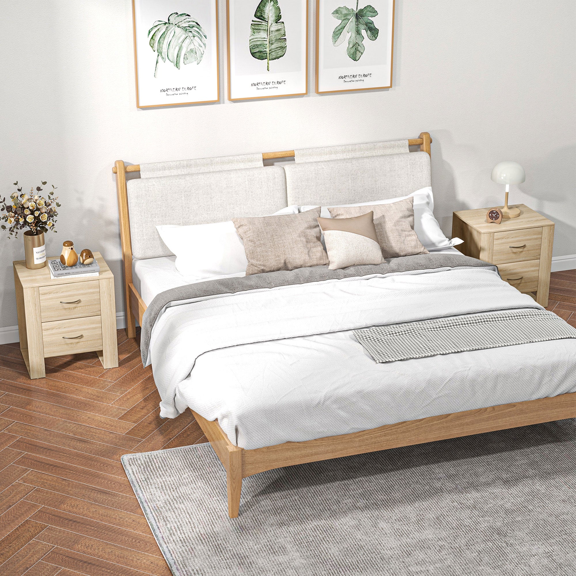 Set of 2 Sturdy Bedside Tables with Drawers and Elevated Base - Brown