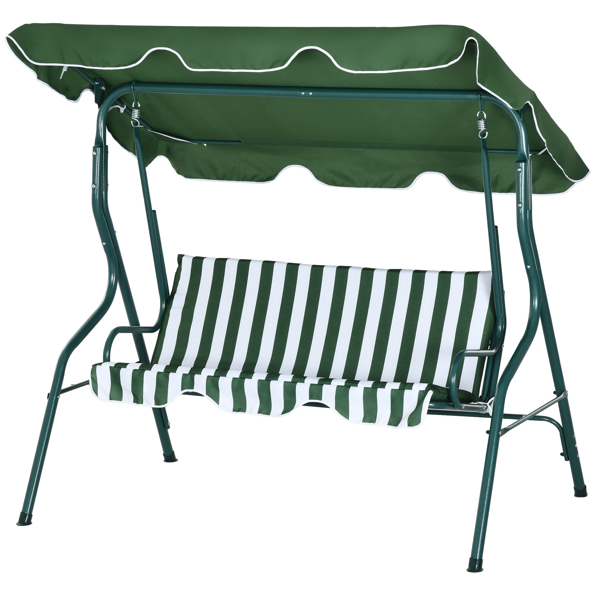 3 Seater Garden Swing Seat Chair with Adjustable Canopy and Metal Frame - Green Stripes