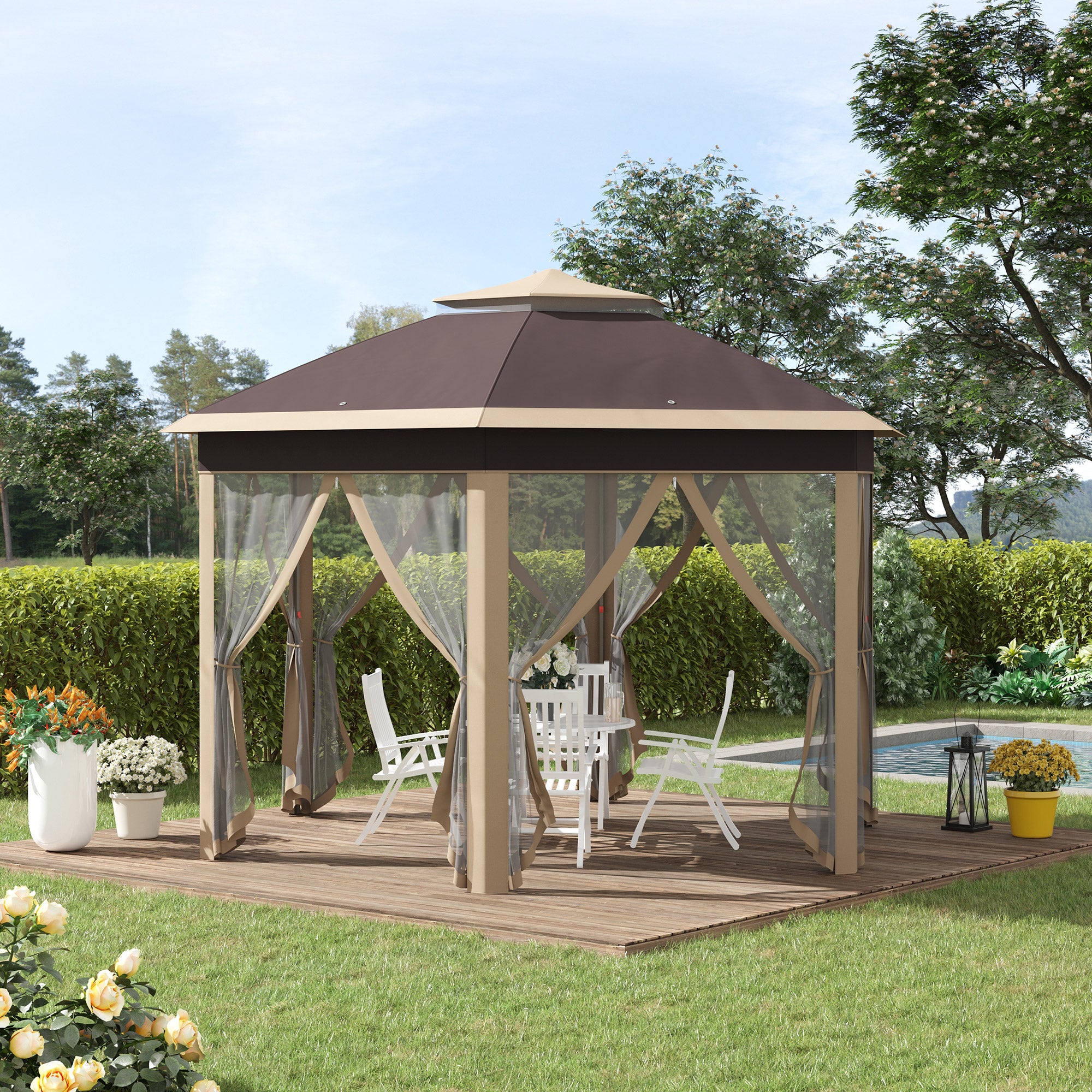Hexagon 3x4m Pop Up Gazebo with Netting Outdoor Shelter - Khaki