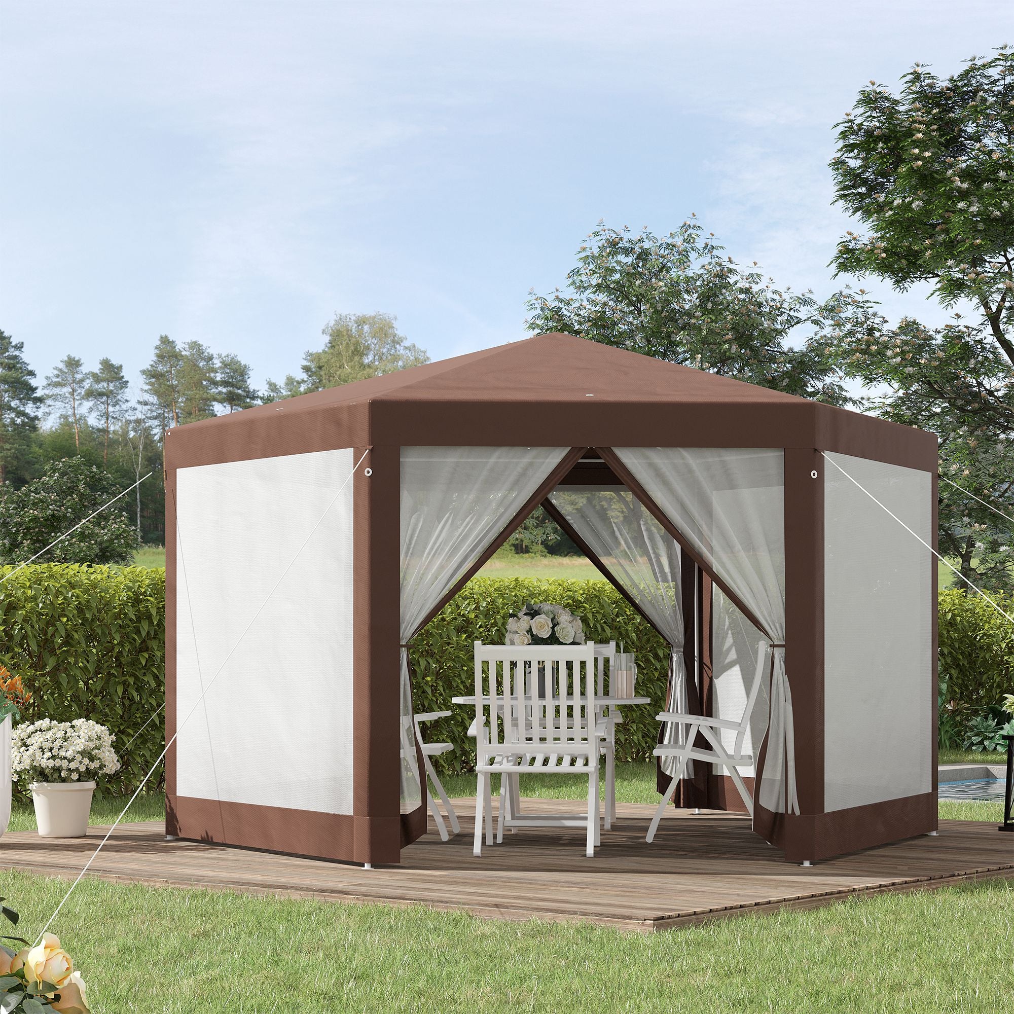 Hexagonal Garden Gazebo with Mosquito Netting and Zipped Door - Brown
