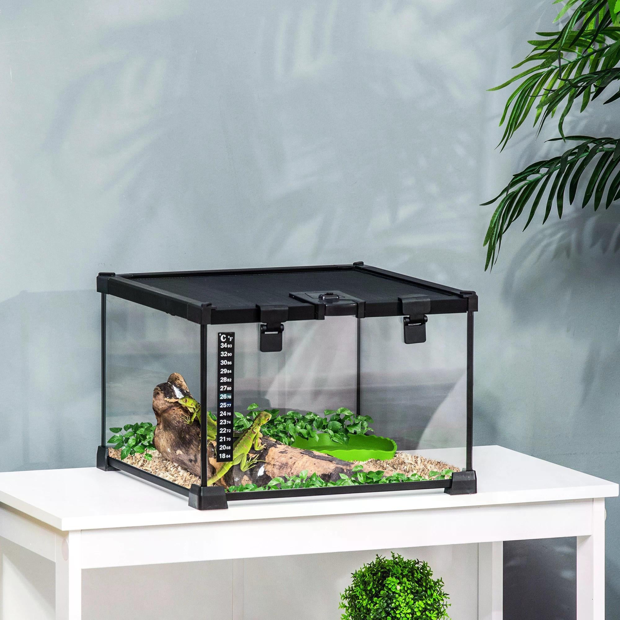 30 x 30 x 20 cm Reptile Glass Terrarium with Thermometer and Feeding Port - Black
