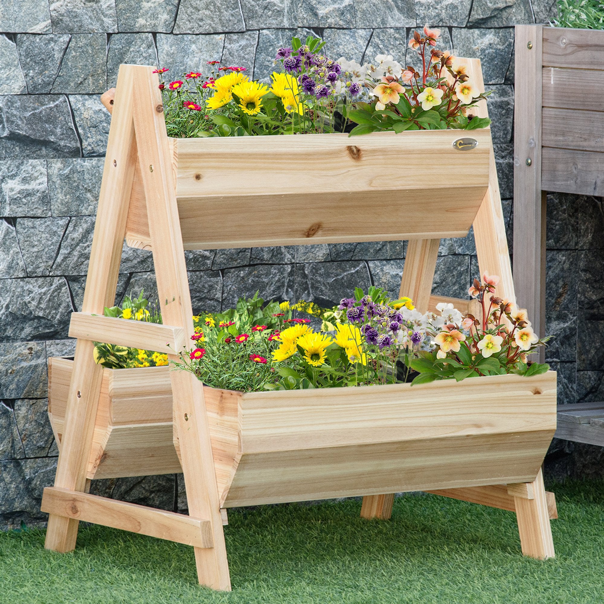 2 Tier Wood Raised Garden Bed with Stand and Drainage Holes - Natural