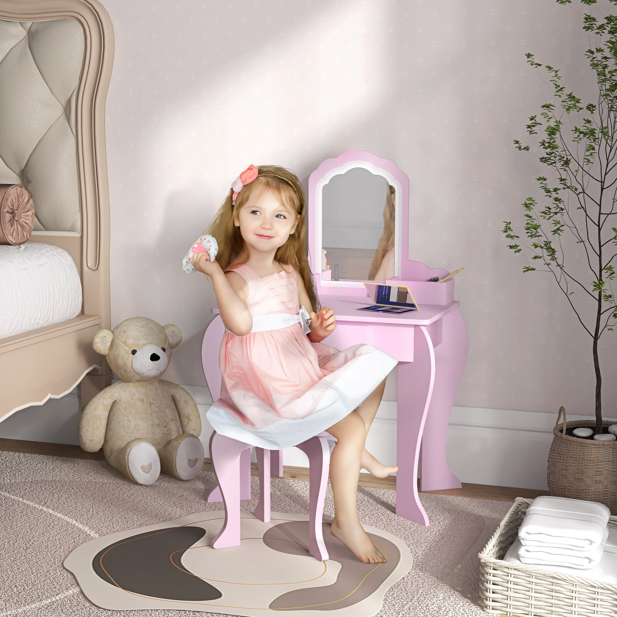Kids Vanity Table Set with Mirror and Stool - Pink Cloud Design