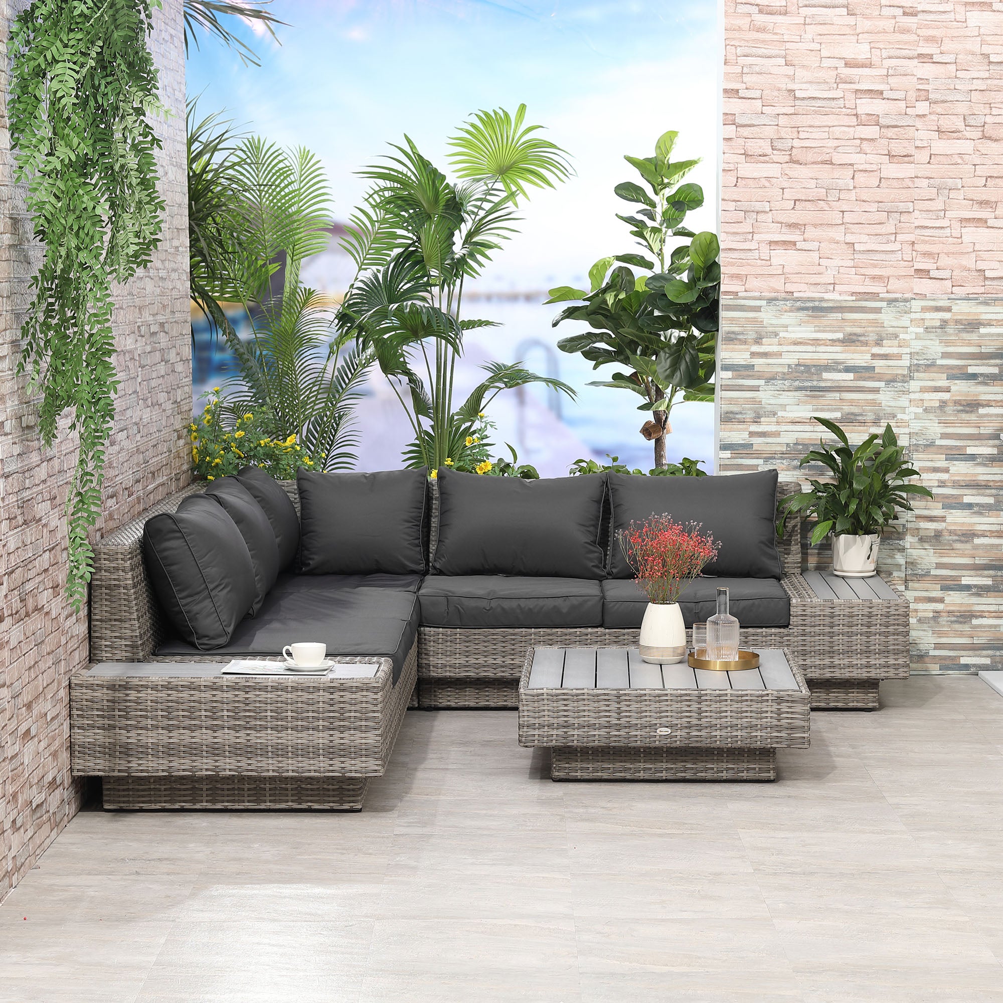 5-Seater Rattan Outdoor Sectional Corner Sofa and Coffee Table Set with Cushions - Light Grey