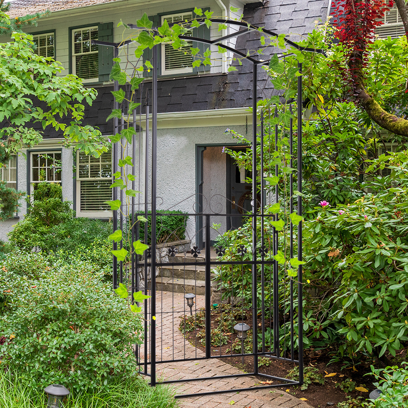 Metal Frame Garden Entrance Arch with Dual Gate and Side Trellis - Black