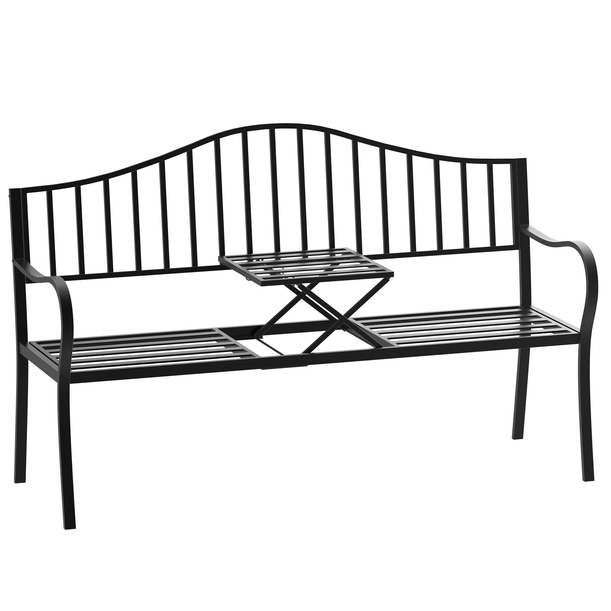 Outdoor Metal Frame Bench with Foldable Middle Table for Patio Garden Park Seating - Metal Frame