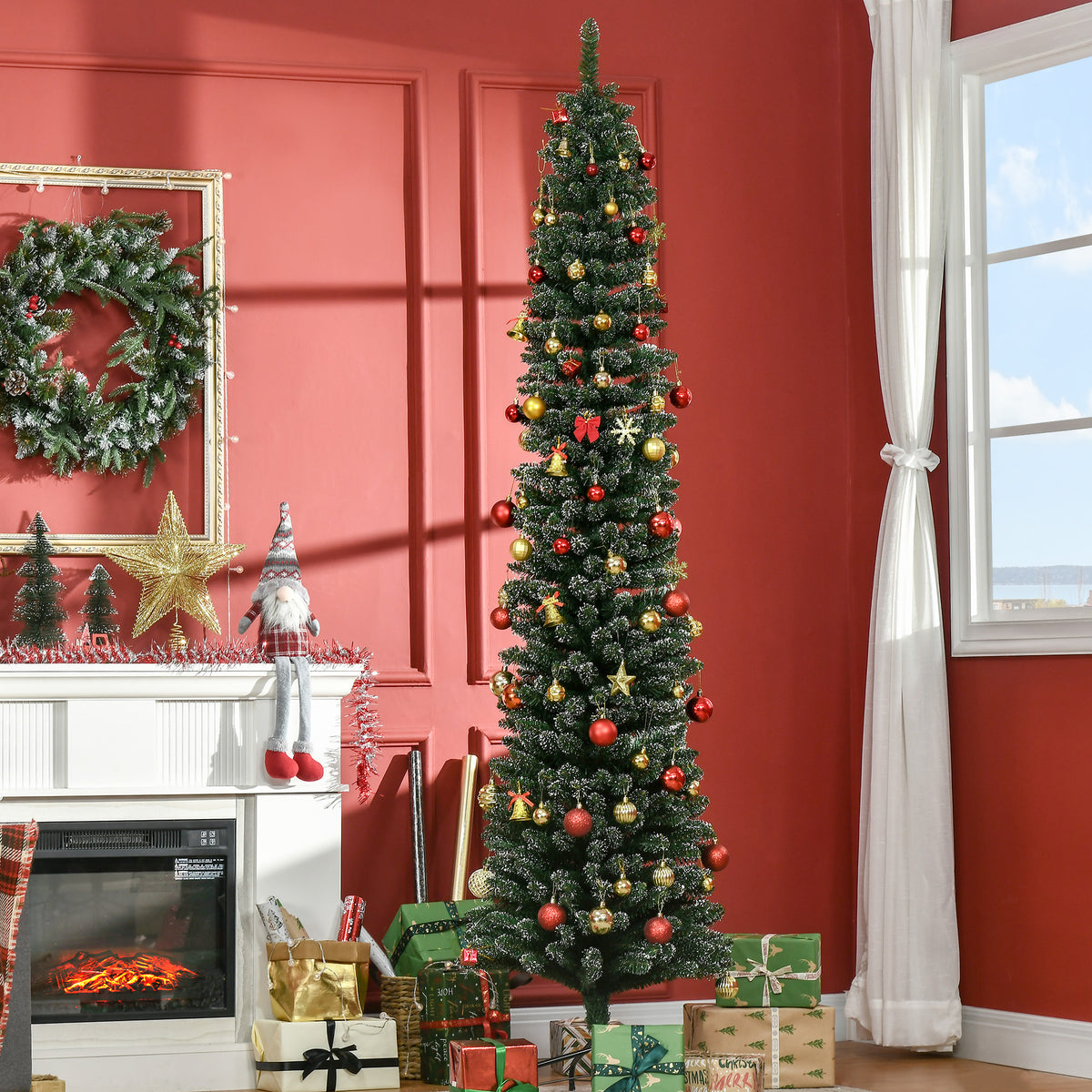 7.5FT Snow Dipped Artificial Christmas Pencil Tree with Foldable Stand - Green