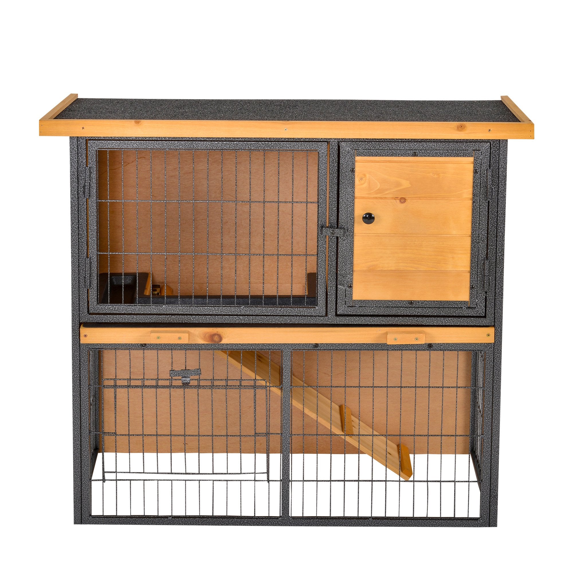 Wood-Metal Elevated Guinea Pig Hutch with Slide-Out Tray and Lockable Door Outdoor - Light Yellow Black