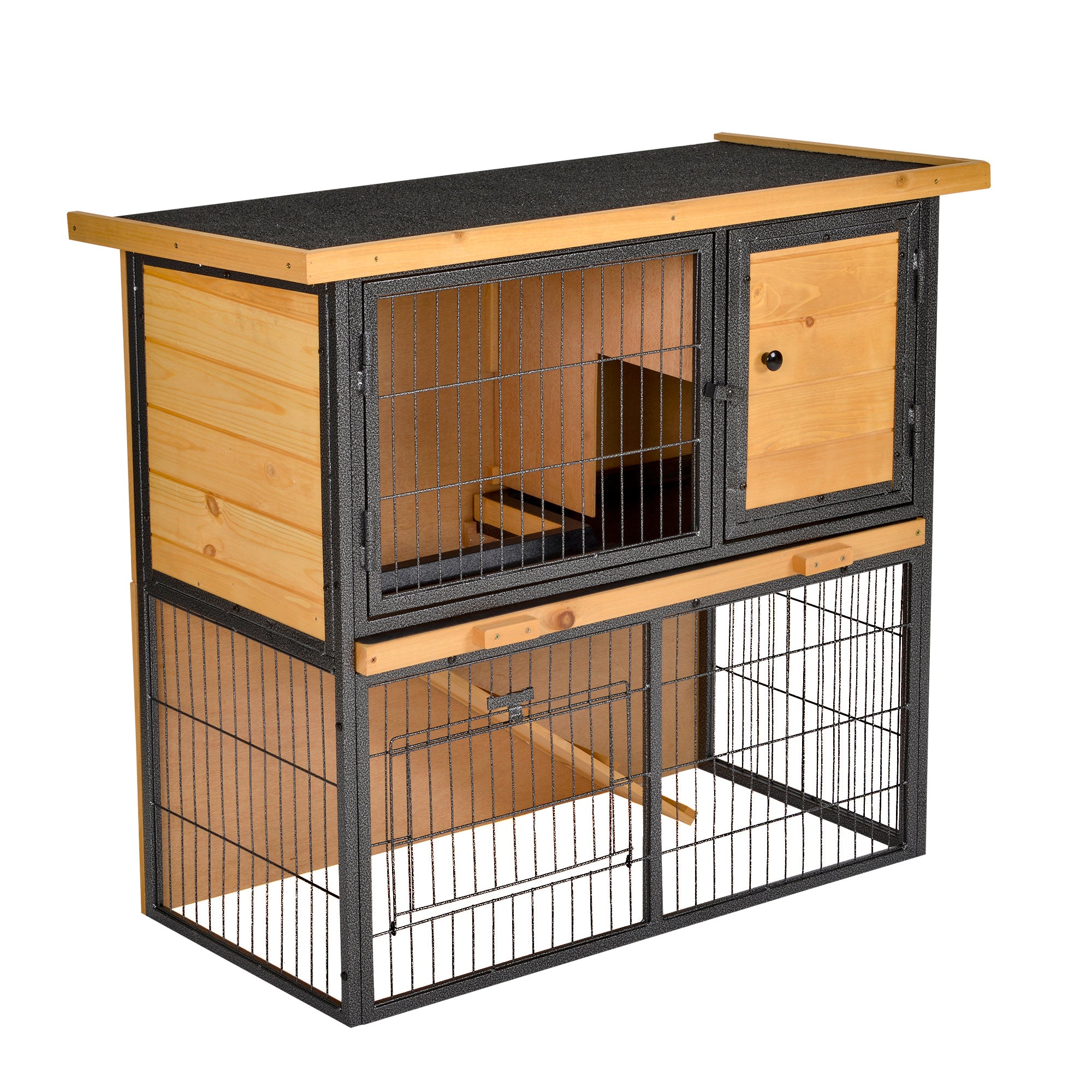 Wood-Metal Elevated Rabbit Hutch with Slide-Out Tray, Lockable Doors & Asphalt Roof - Light Yellow Black
