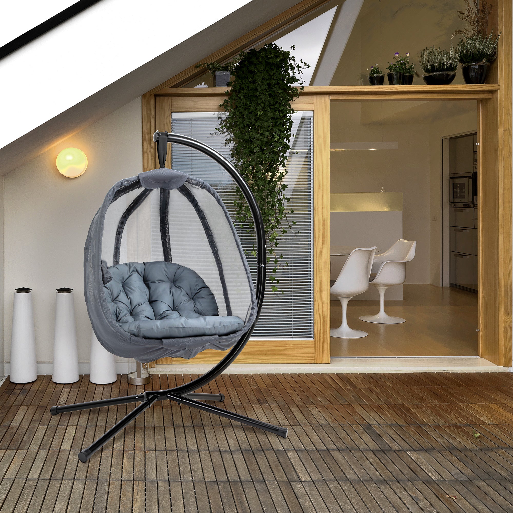 Hanging Egg Chair with Folding Stand and Cushion - Grey