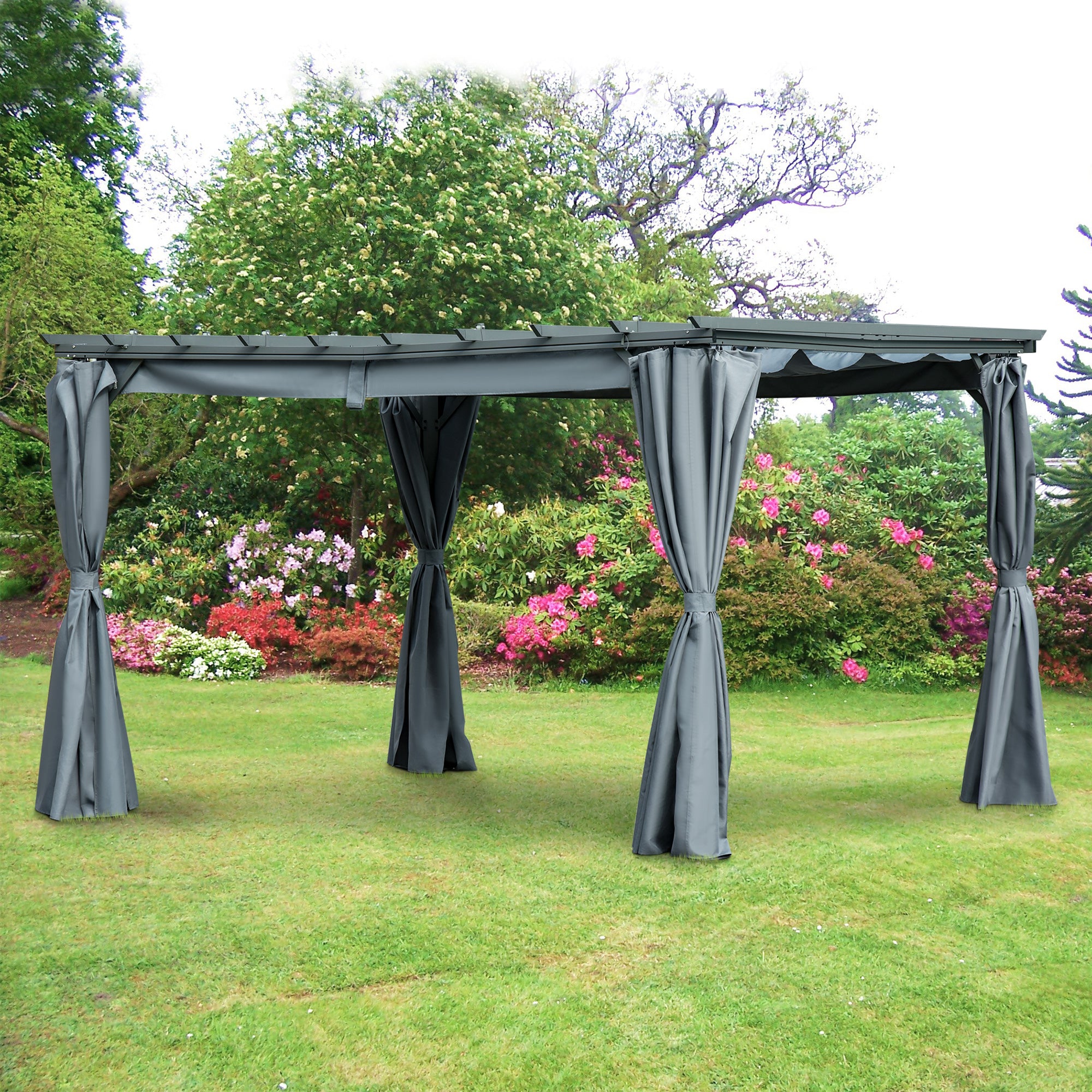 3.6 Metre Outdoor Pergola Gazebo with Retractable Canopy and Curtains - Dark Grey